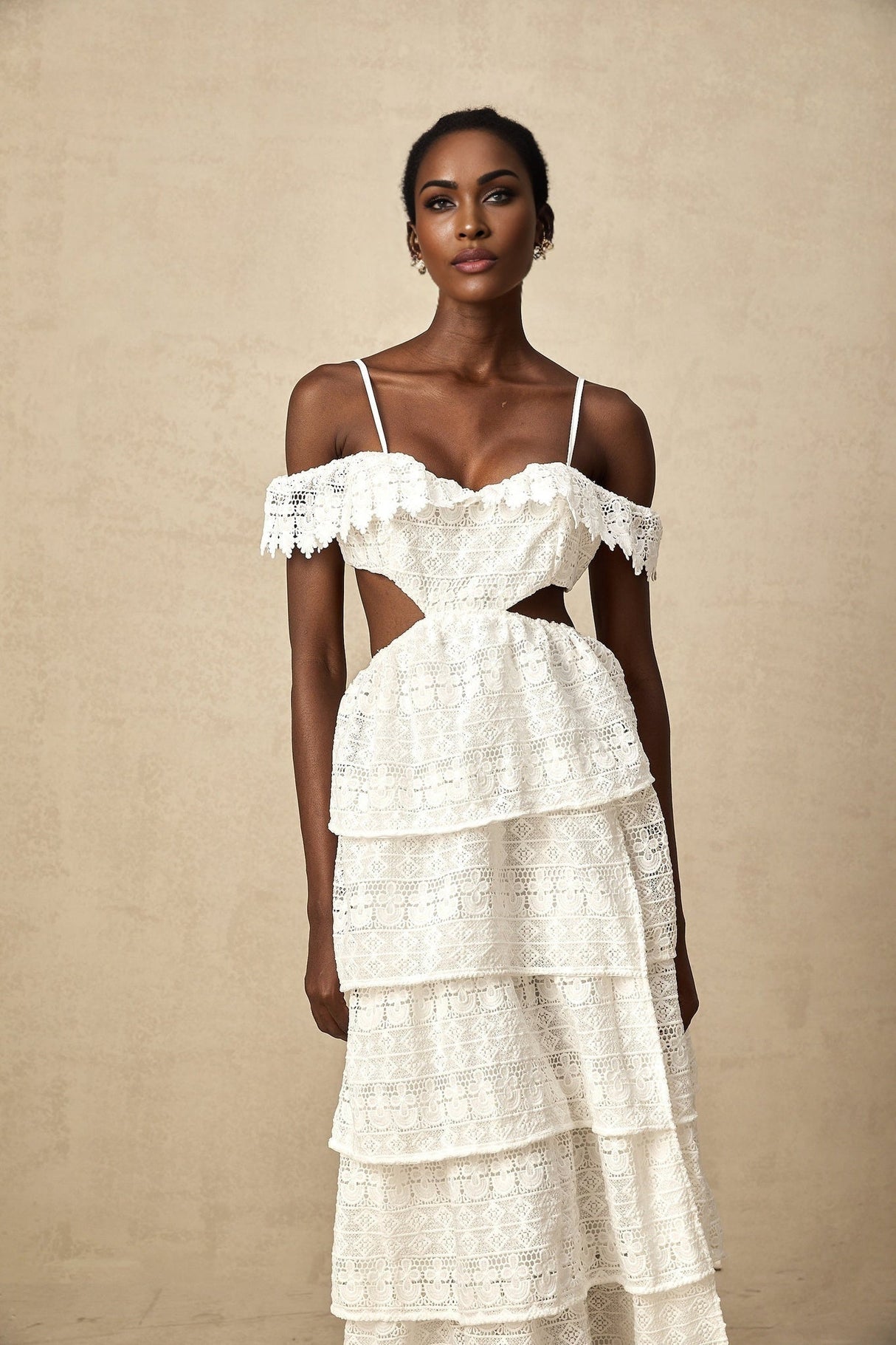 Cassidy Midi Dress - Guipure Lace - Off the Shoulder - Cut - Out Detailing - Tiered Design - Scallop Hem