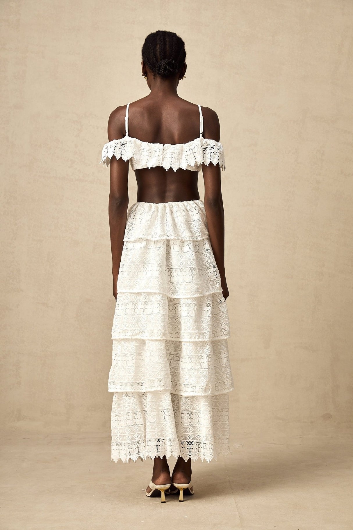 Cassidy Midi Dress - Guipure Lace - Off the Shoulder - Cut - Out Detailing - Tiered Design - Scallop Hem