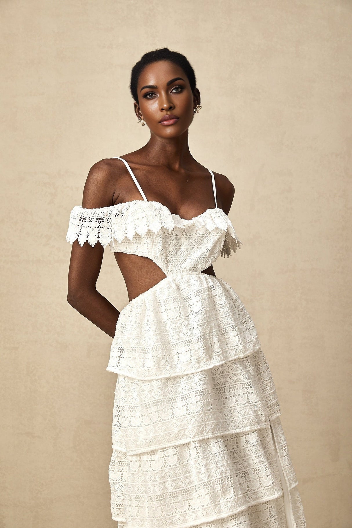 Cassidy Midi Dress - Guipure Lace - Off the Shoulder - Cut - Out Detailing - Tiered Design - Scallop Hem
