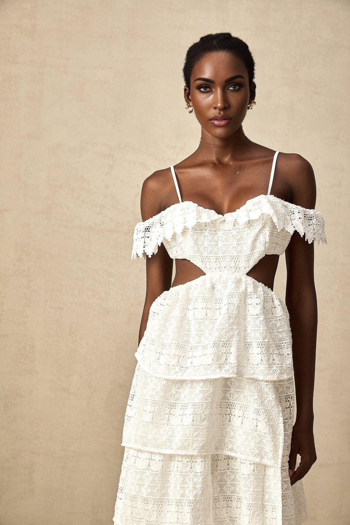 Cassidy Midi Dress - Guipure Lace - Off the Shoulder - Cut - Out Detailing - Tiered Design - Scallop Hem