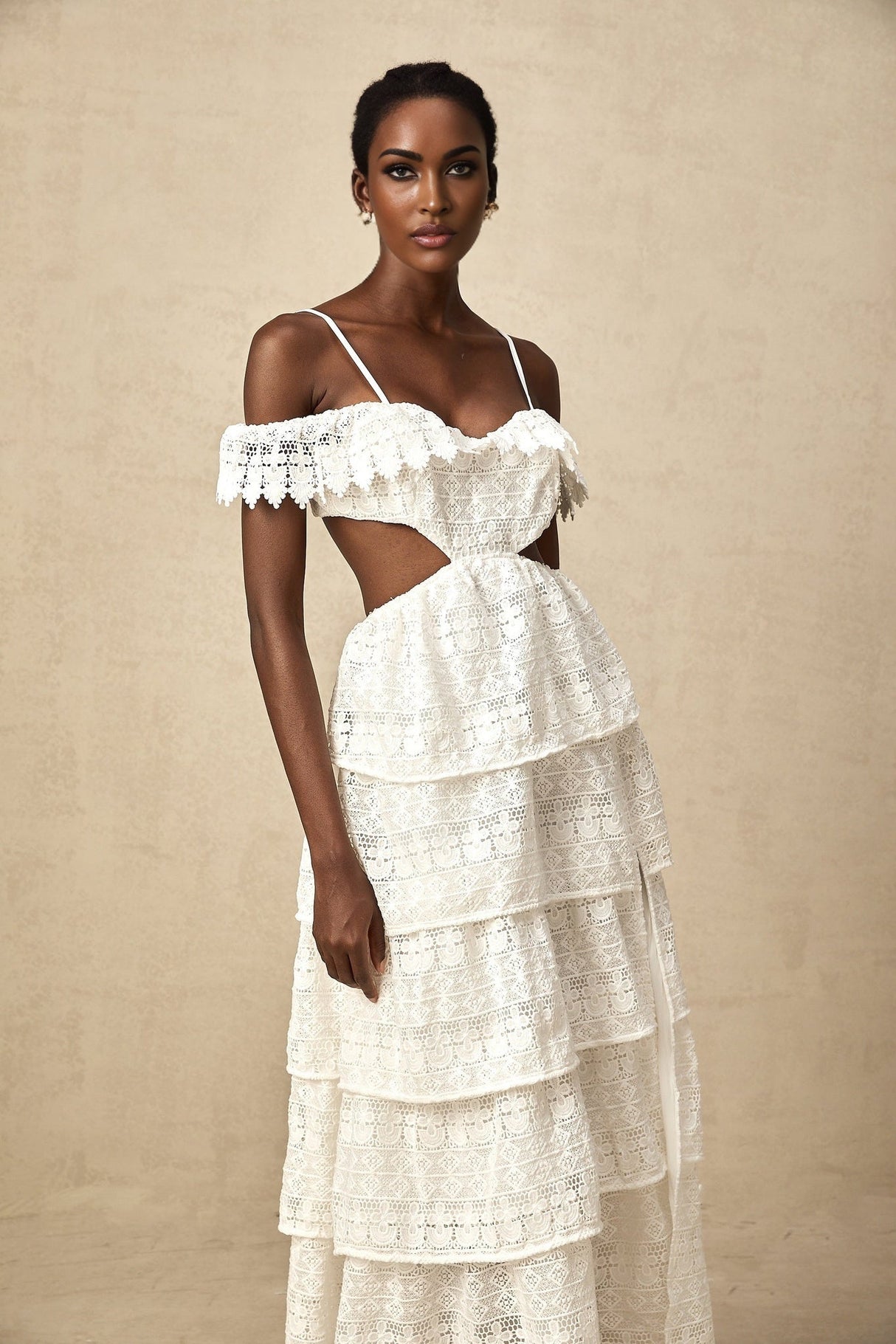Cassidy Midi Dress - Guipure Lace - Off the Shoulder - Cut - Out Detailing - Tiered Design - Scallop Hem
