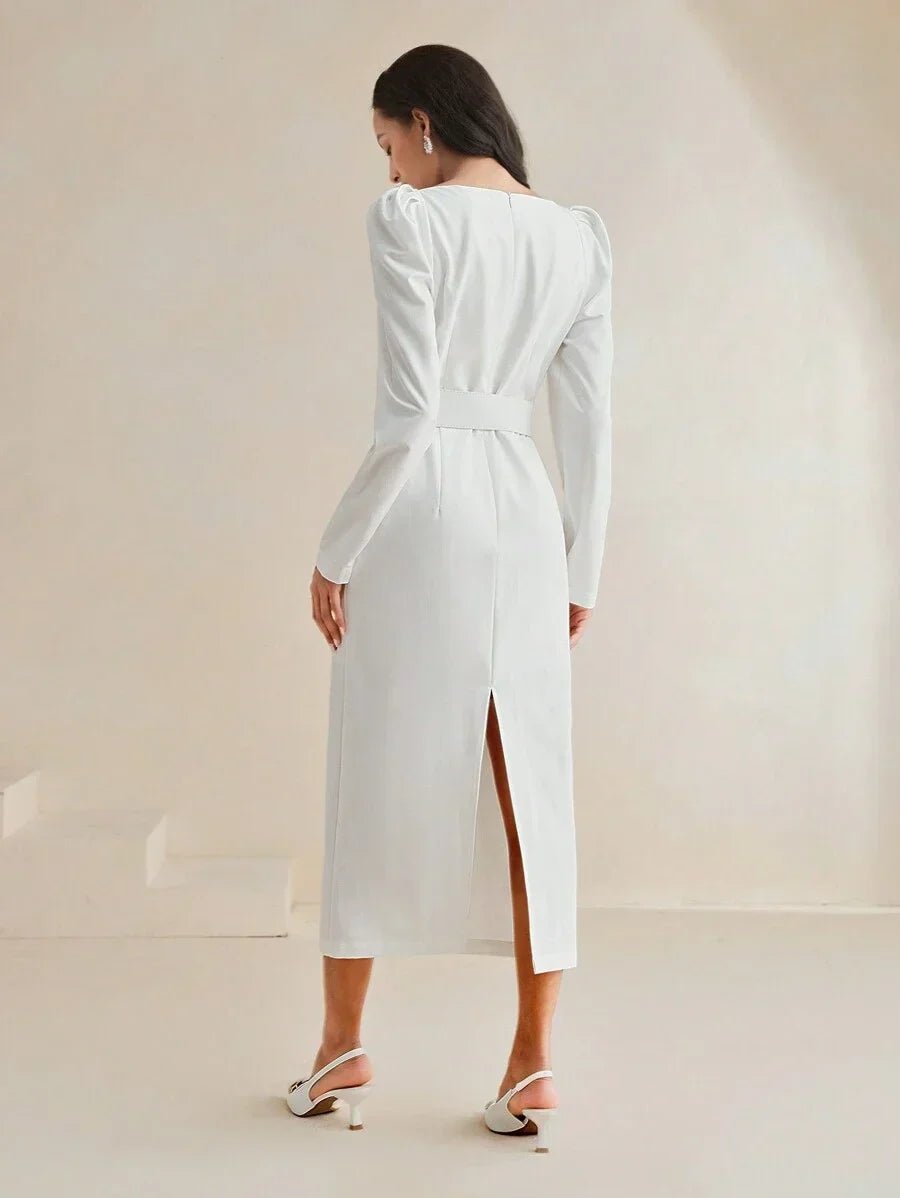 Cassidy Midi Dress - Sweetheart Neckline - Puff Sleeve - High Waist - Elegant Style - Belted & Zipper