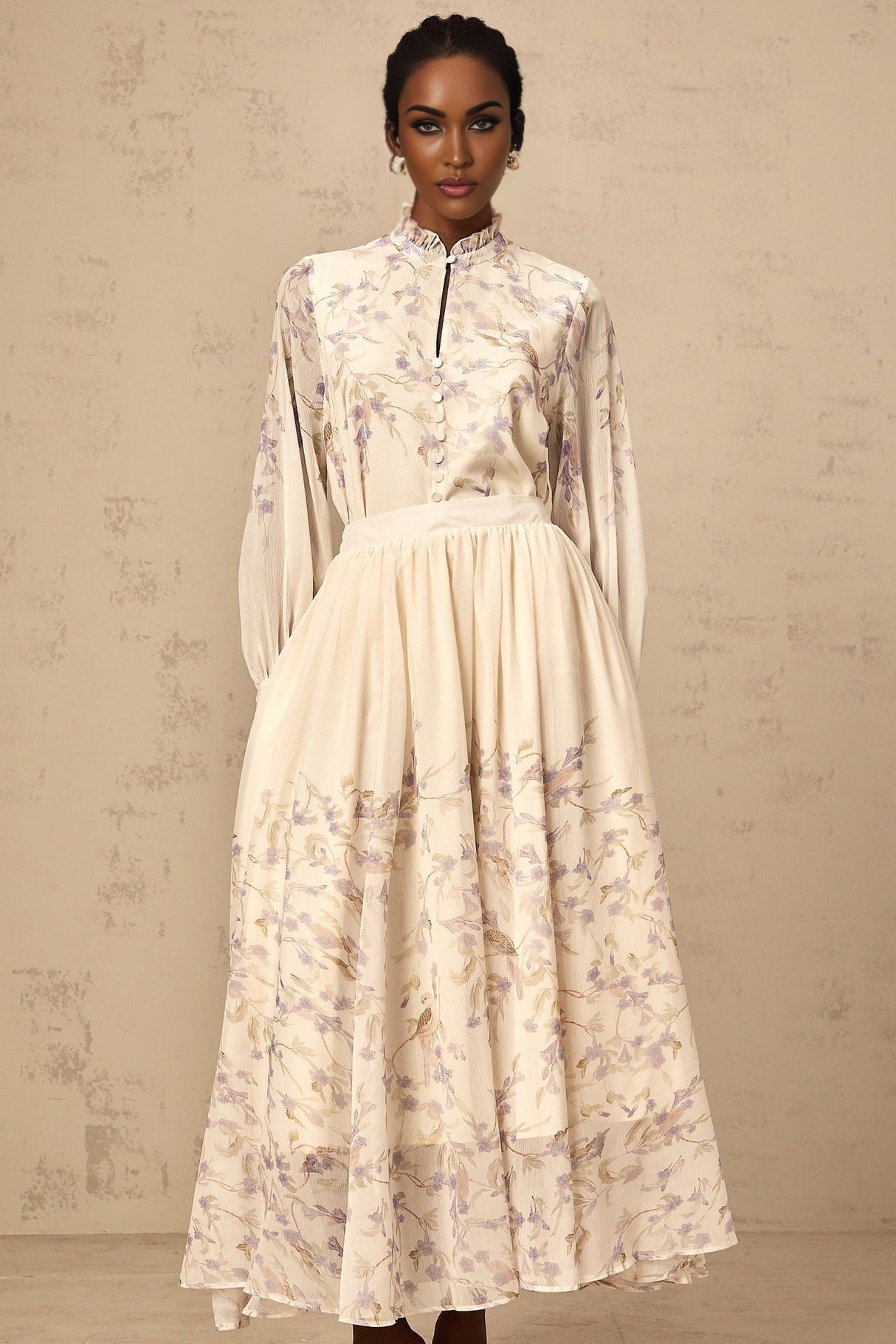 Caterina Floral Blouse and Skirt Set – Frilled Neck – Lantern Sleeves – Pleated Calf - Length Skirt – Lined Design