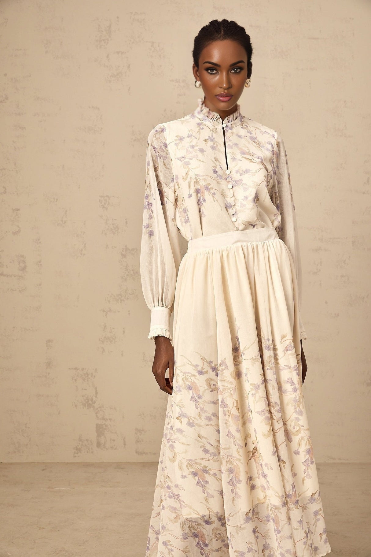 Caterina Floral Blouse and Skirt Set – Frilled Neck – Lantern Sleeves – Pleated Calf - Length Skirt – Lined Design