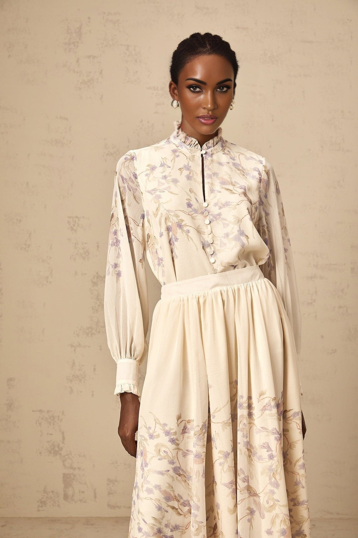 Caterina Floral Blouse and Skirt Set – Frilled Neck – Lantern Sleeves – Pleated Calf - Length Skirt – Lined Design