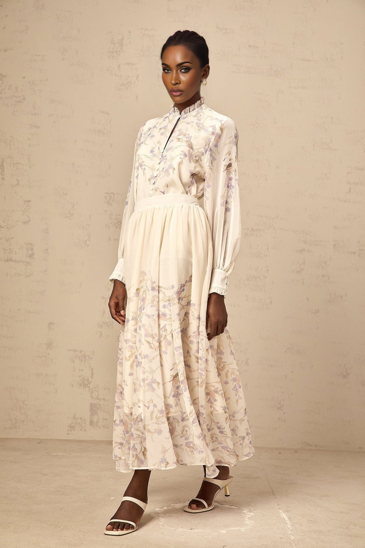 Caterina Floral Blouse and Skirt Set – Frilled Neck – Lantern Sleeves – Pleated Calf - Length Skirt – Lined Design