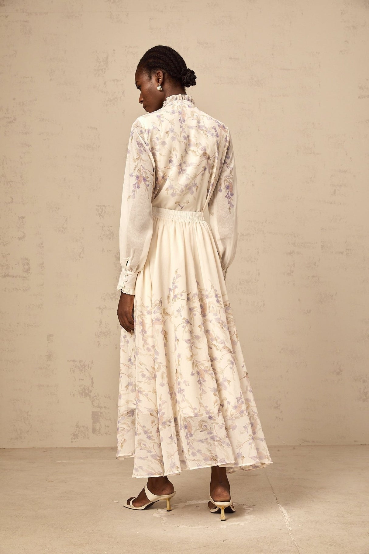 Caterina Floral Blouse and Skirt Set – Frilled Neck – Lantern Sleeves – Pleated Calf - Length Skirt – Lined Design