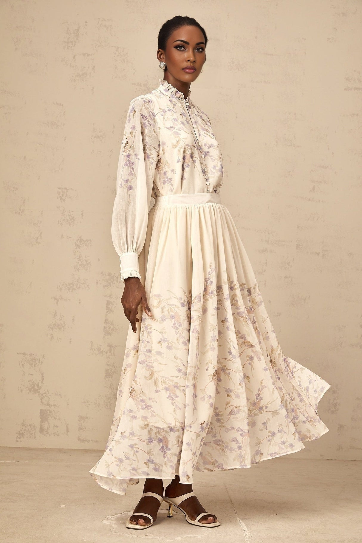 Caterina Floral Blouse and Skirt Set – Frilled Neck – Lantern Sleeves – Pleated Calf - Length Skirt – Lined Design