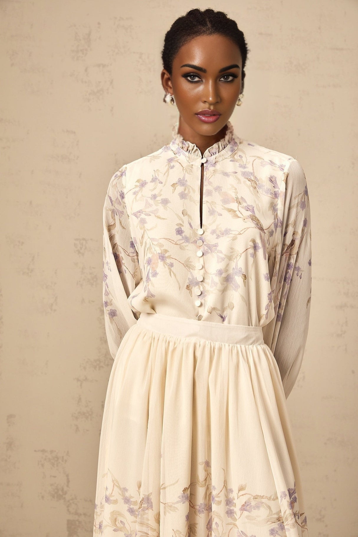 Caterina Floral Blouse and Skirt Set – Frilled Neck – Lantern Sleeves – Pleated Calf - Length Skirt – Lined Design