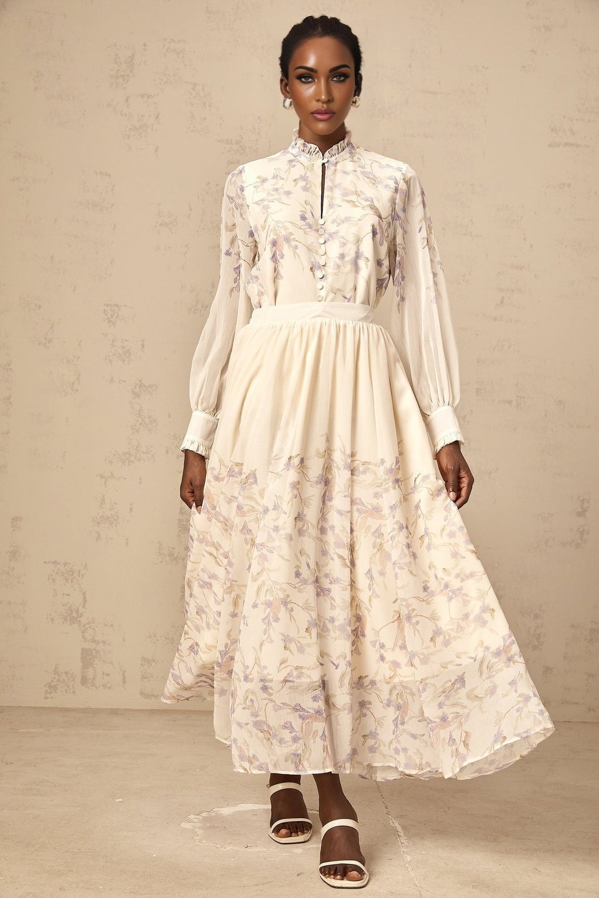 Caterina Floral Blouse and Skirt Set – Frilled Neck – Lantern Sleeves – Pleated Calf - Length Skirt – Lined Design