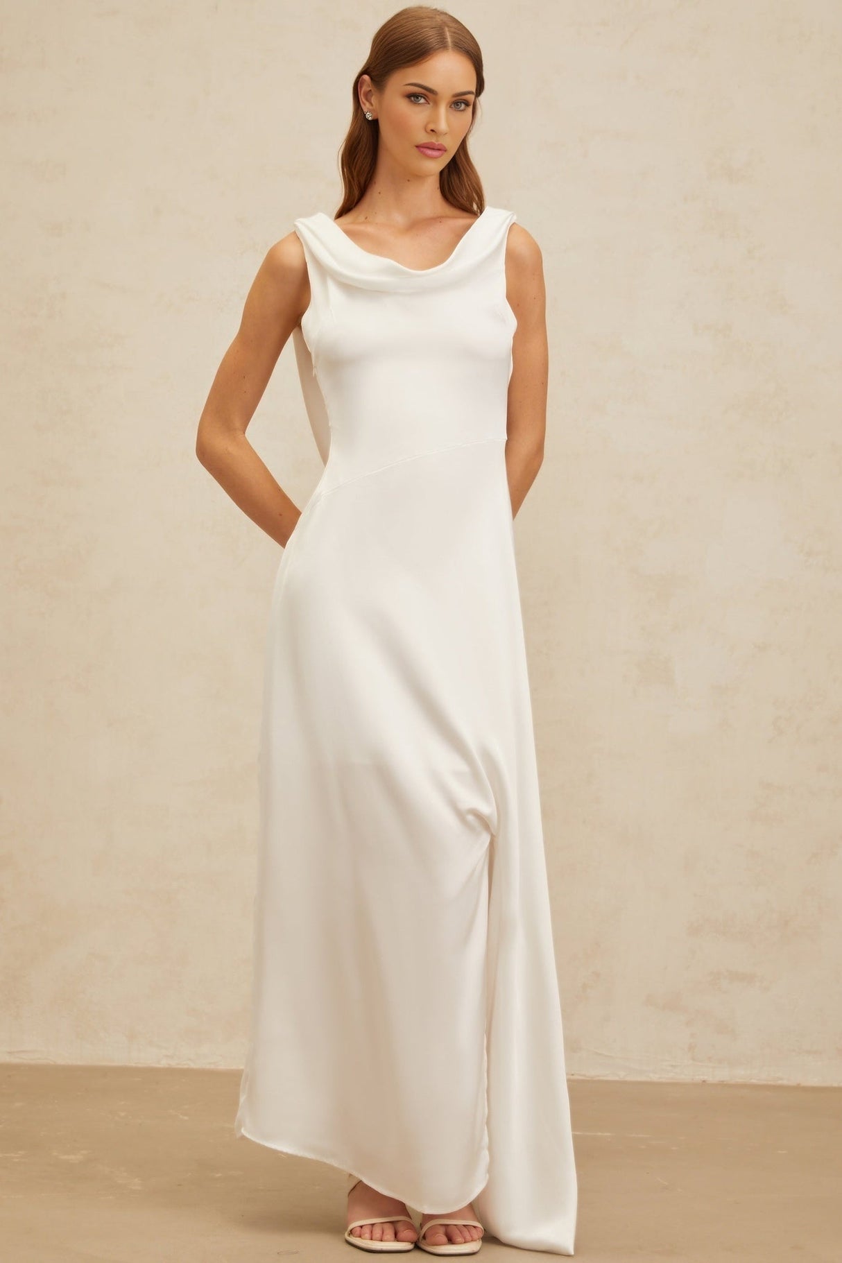 Caterina Maxi Dress - White Satin Twist Open Back Flared Hem