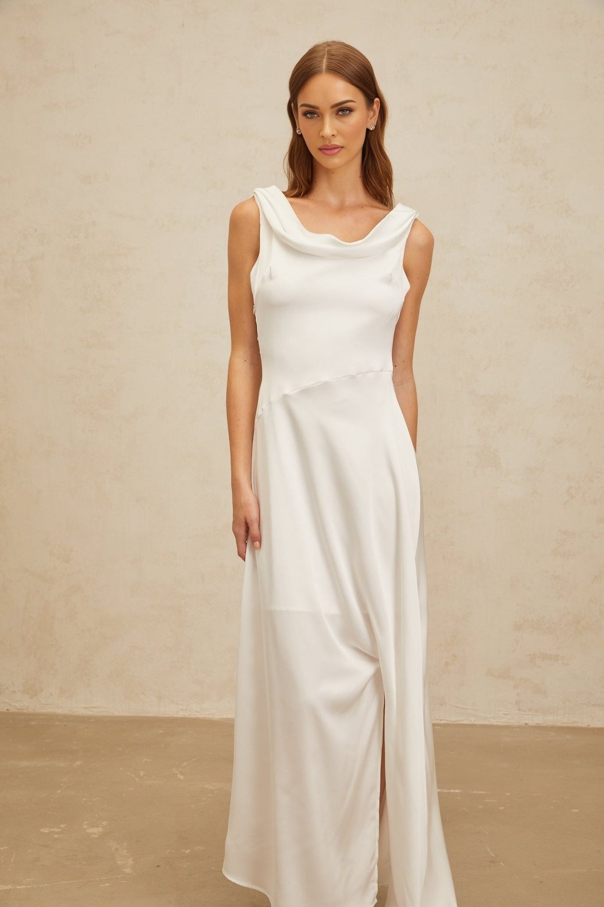 Caterina Maxi Dress - White Satin Twist Open Back Flared Hem