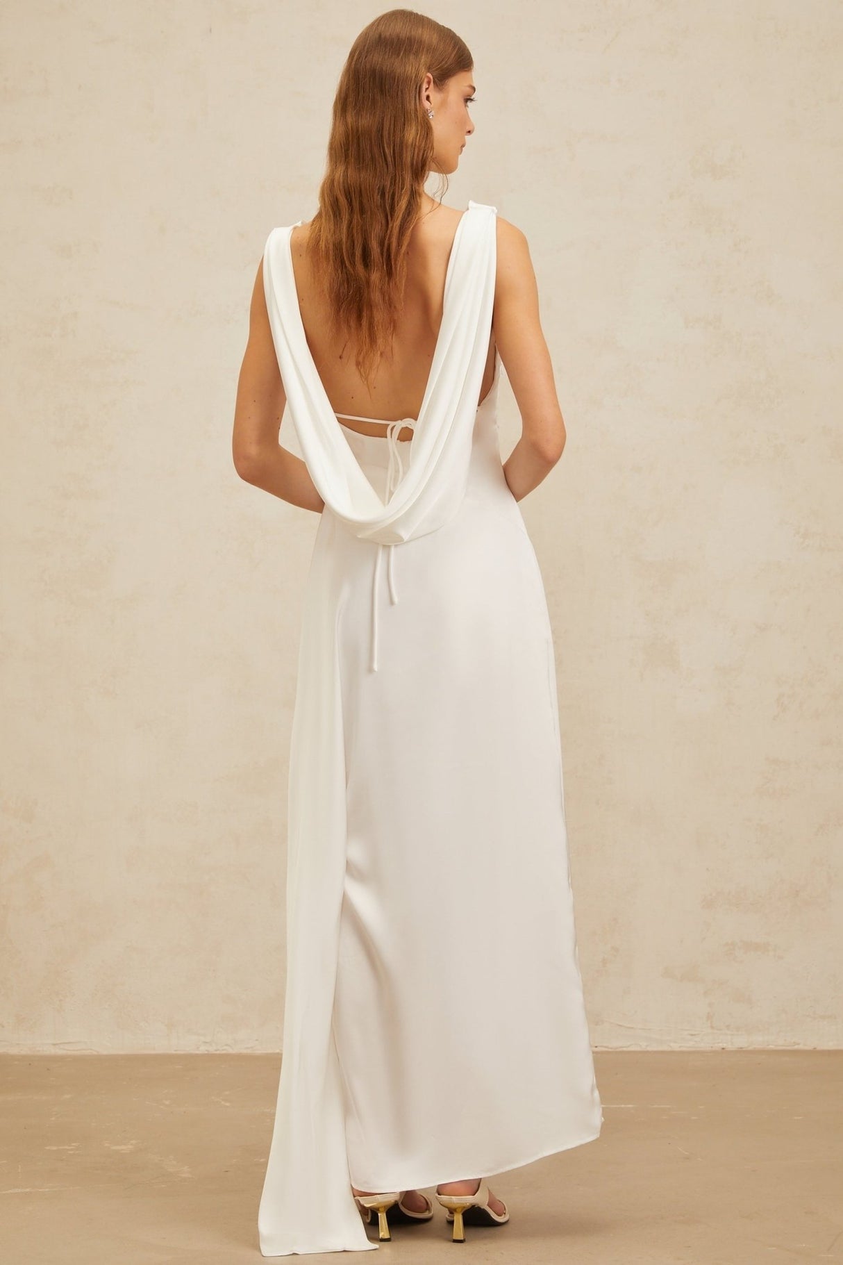 Caterina Maxi Dress - White Satin Twist Open Back Flared Hem