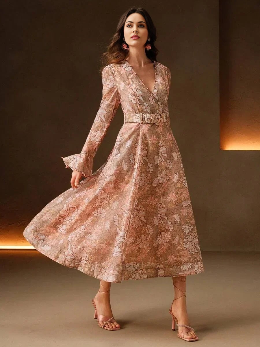 Caterina Midi Dress - V Neck - Flare Sleeve - High Waist - A Line - Elegant