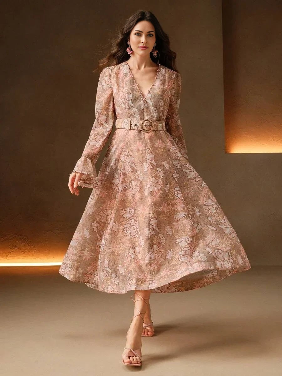 Caterina Midi Dress - V Neck - Flare Sleeve - High Waist - A Line - Elegant