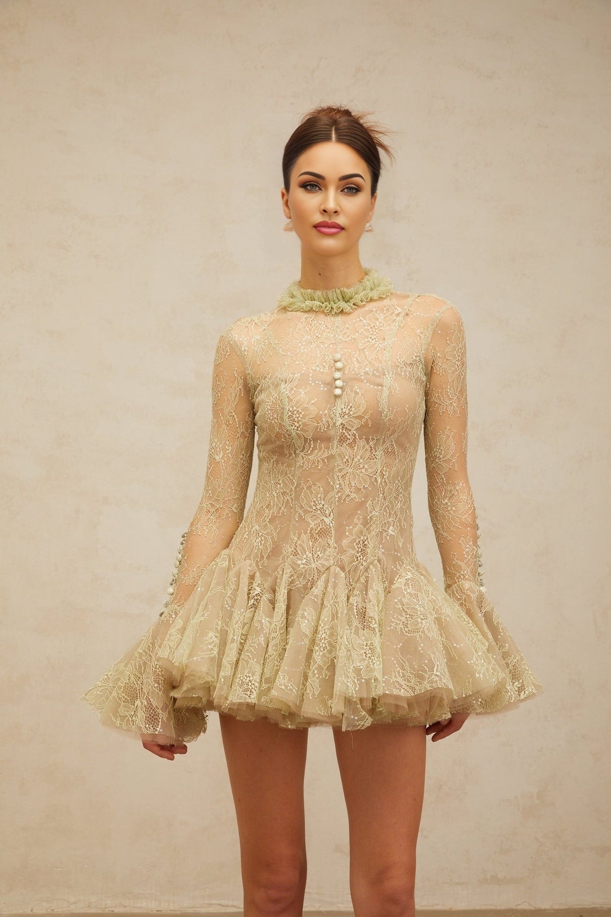 Caterina Mini Dress - Ruffled Neck - Flared Sleeves - Sequin Embellishment - Lace Embroidery - Pleated Detailing