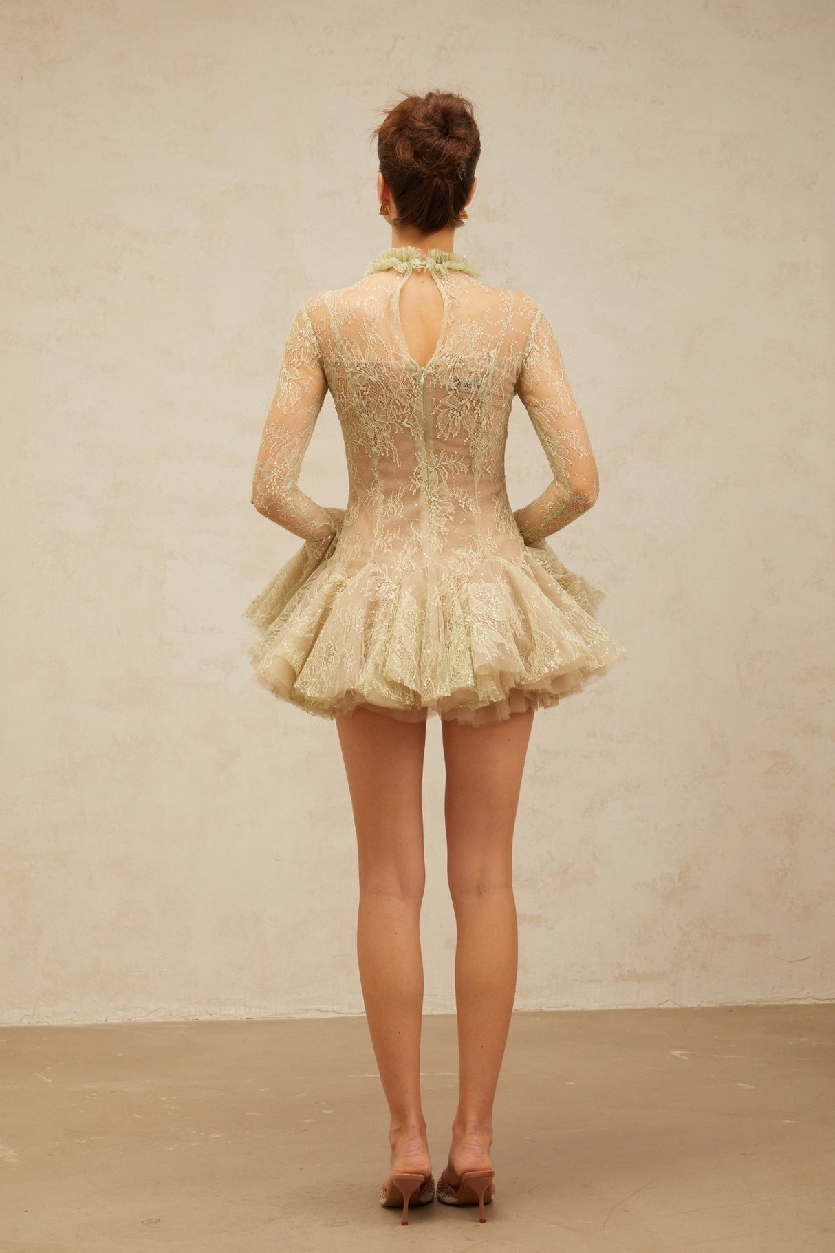 Caterina Mini Dress - Ruffled Neck - Flared Sleeves - Sequin Embellishment - Lace Embroidery - Pleated Detailing