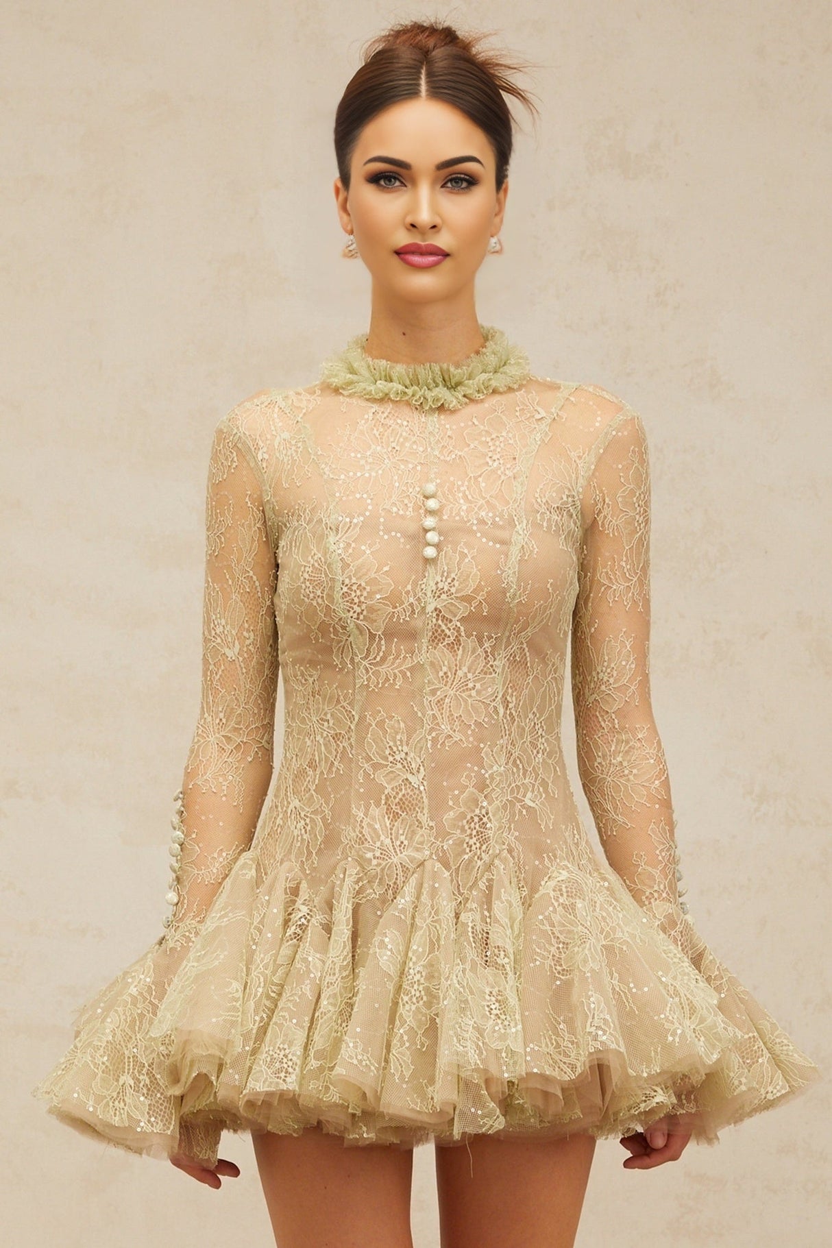 Caterina Mini Dress - Ruffled Neck - Flared Sleeves - Sequin Embellishment - Lace Embroidery - Pleated Detailing