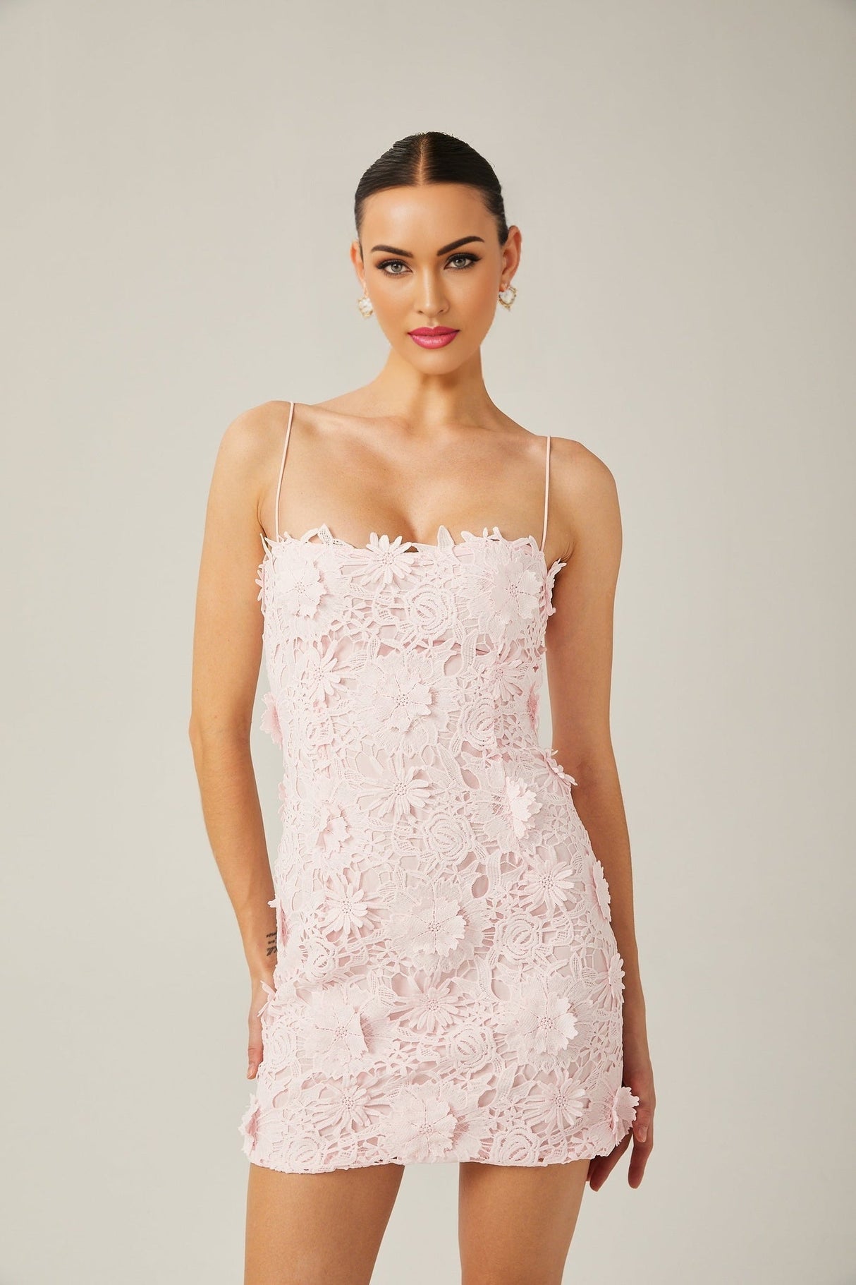 Caterina Mini Dress - Sleeveless - Square Neck - Floral - Lace Embroidery - Fitted Silhouette