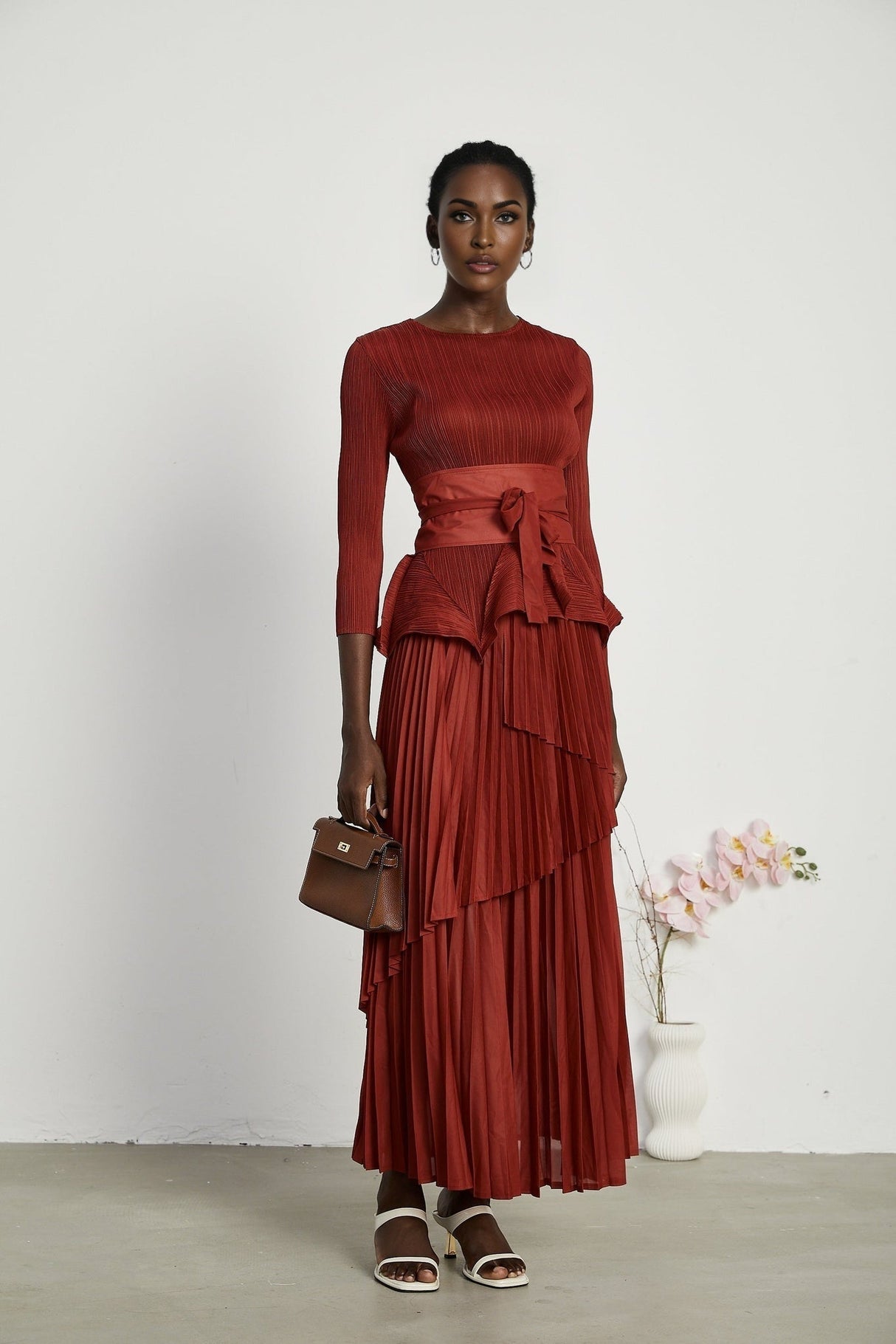 Caterina Top & Skirt Set - Elegant Bow - Tie Detail - Flattering Pleats - Asymmetric Hem - Layered Design - Ankle Length