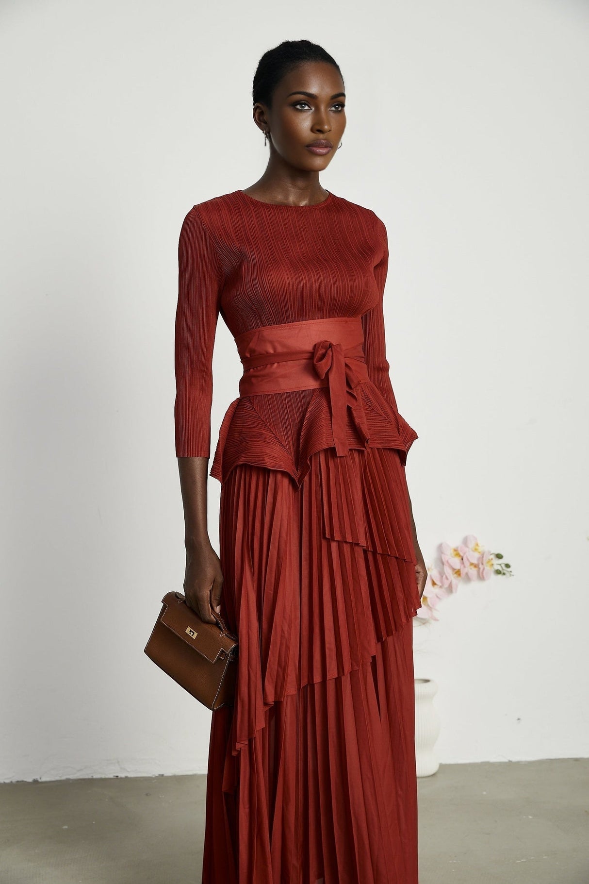 Caterina Top & Skirt Set - Elegant Bow - Tie Detail - Flattering Pleats - Asymmetric Hem - Layered Design - Ankle Length