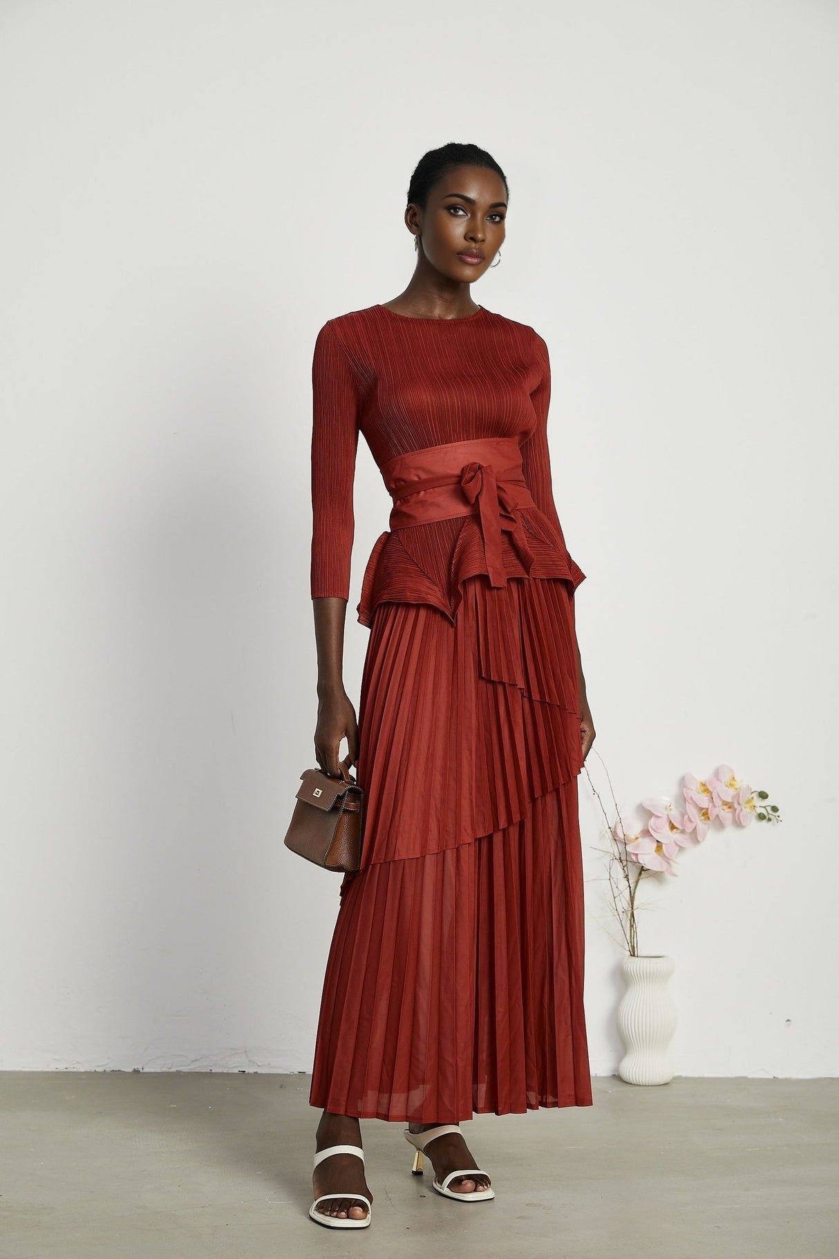 Caterina Top & Skirt Set - Elegant Bow - Tie Detail - Flattering Pleats - Asymmetric Hem - Layered Design - Ankle Length