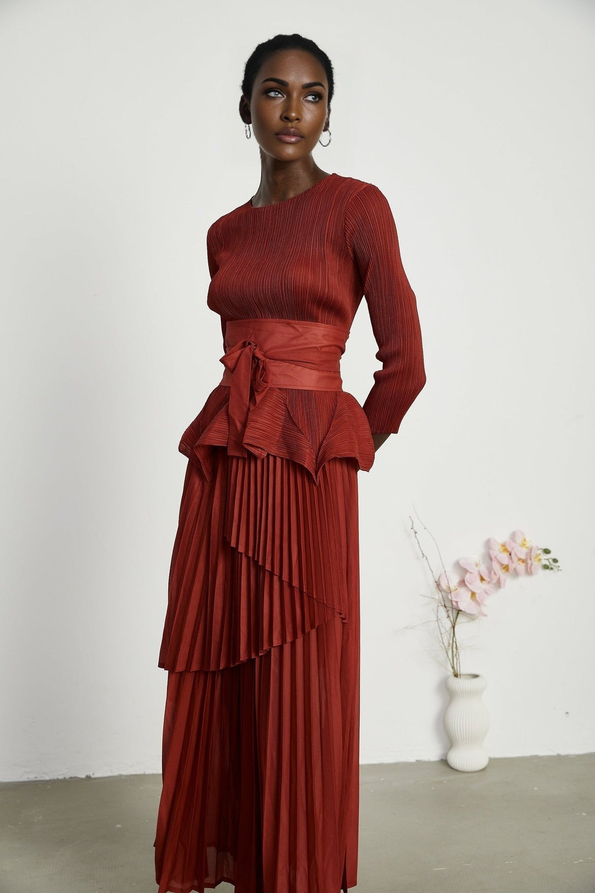 Caterina Top & Skirt Set - Elegant Bow - Tie Detail - Flattering Pleats - Asymmetric Hem - Layered Design - Ankle Length