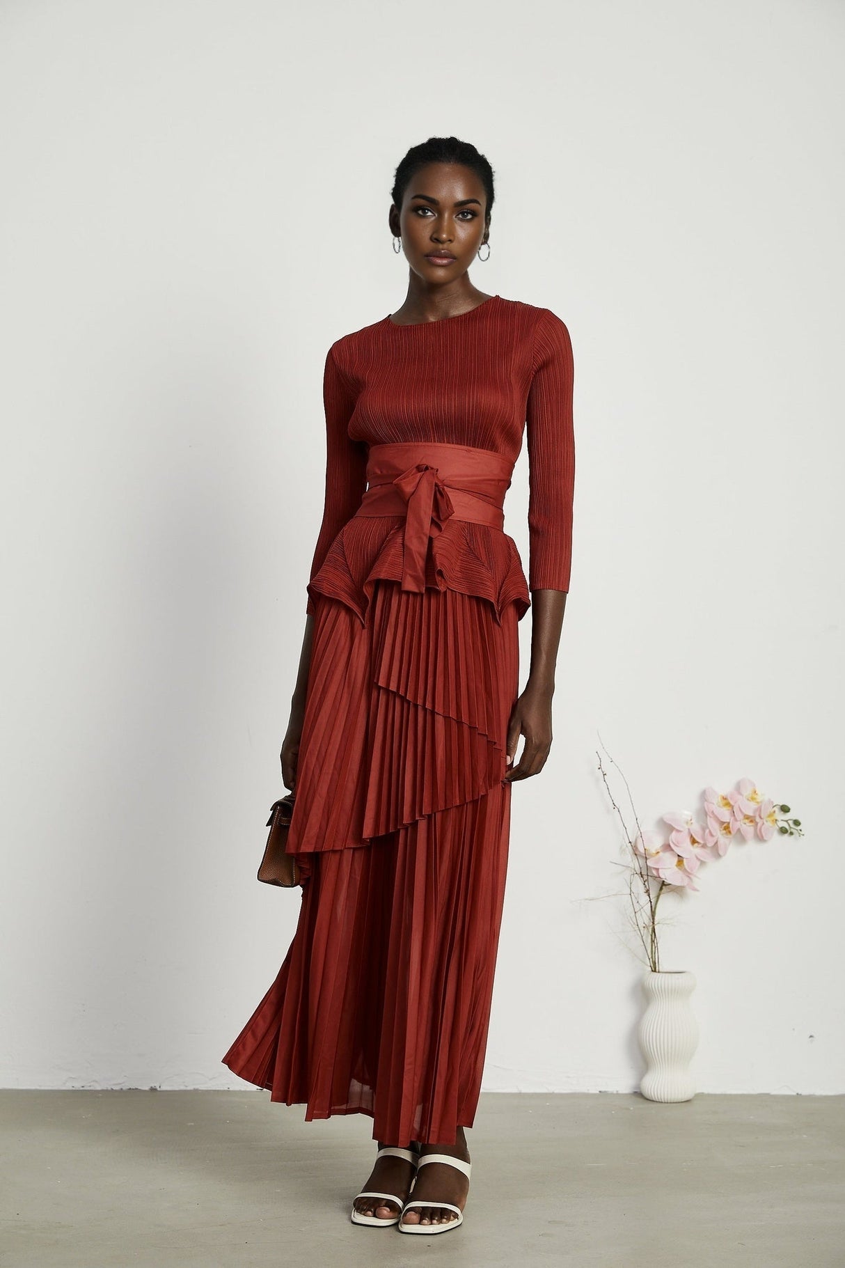 Caterina Top & Skirt Set - Elegant Bow - Tie Detail - Flattering Pleats - Asymmetric Hem - Layered Design - Ankle Length