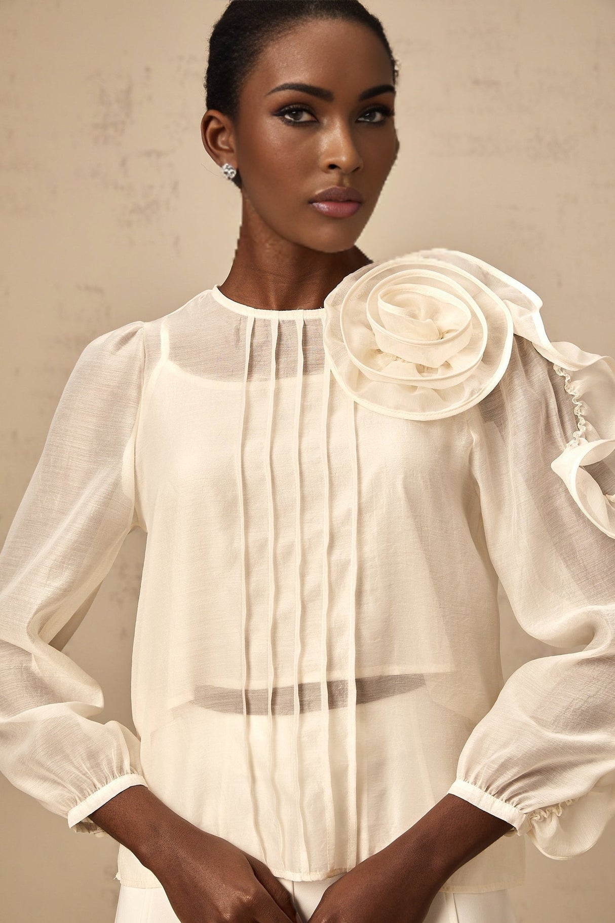 Caterinella Blouse – 3D Flower Detailing – Long Puff Sleeves – Crew Neck