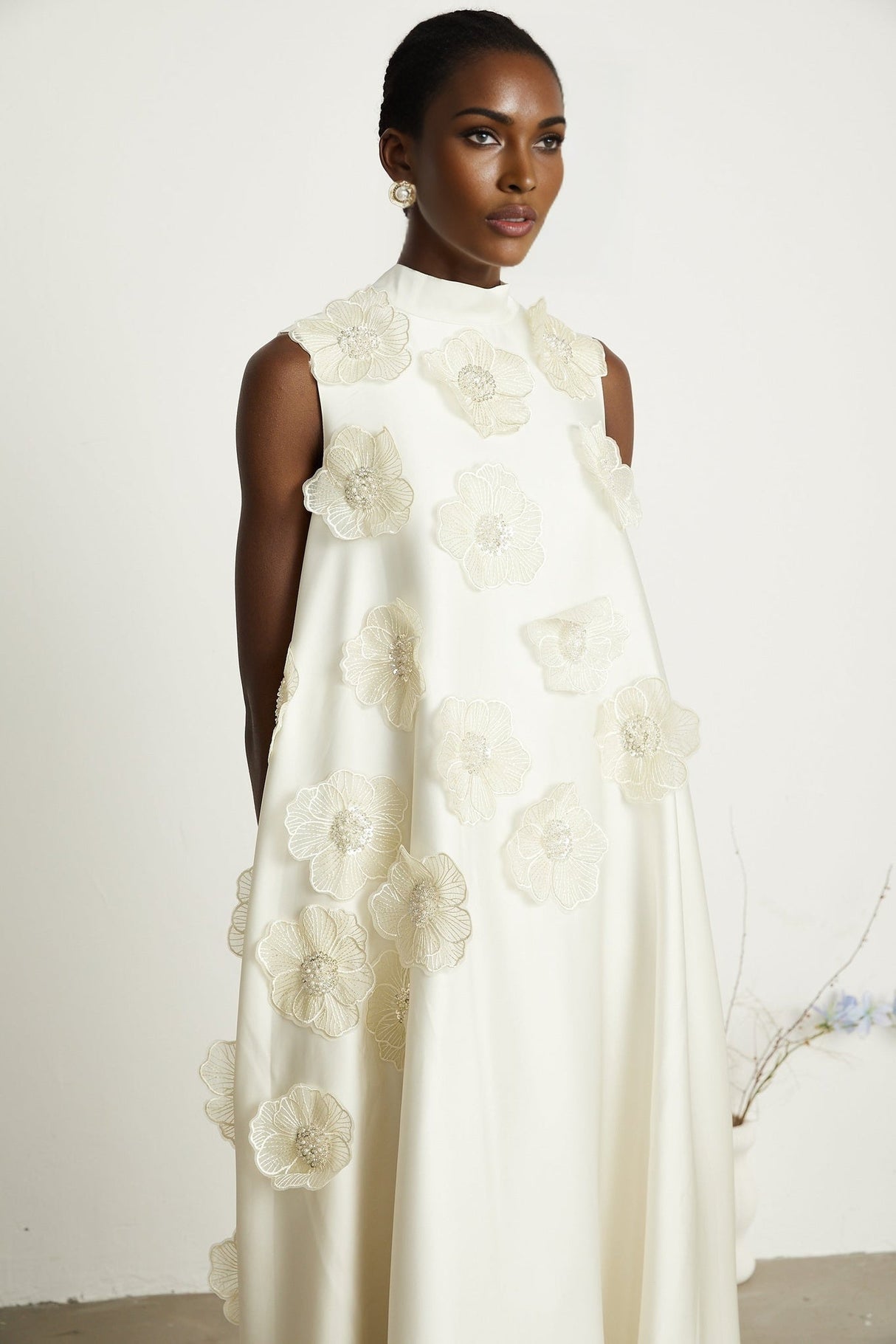 Caterinella Floral Midi Dress - Sleeveless Style - Beaded Floral Appliqué - A - line Cut - Rear Zip Fastening