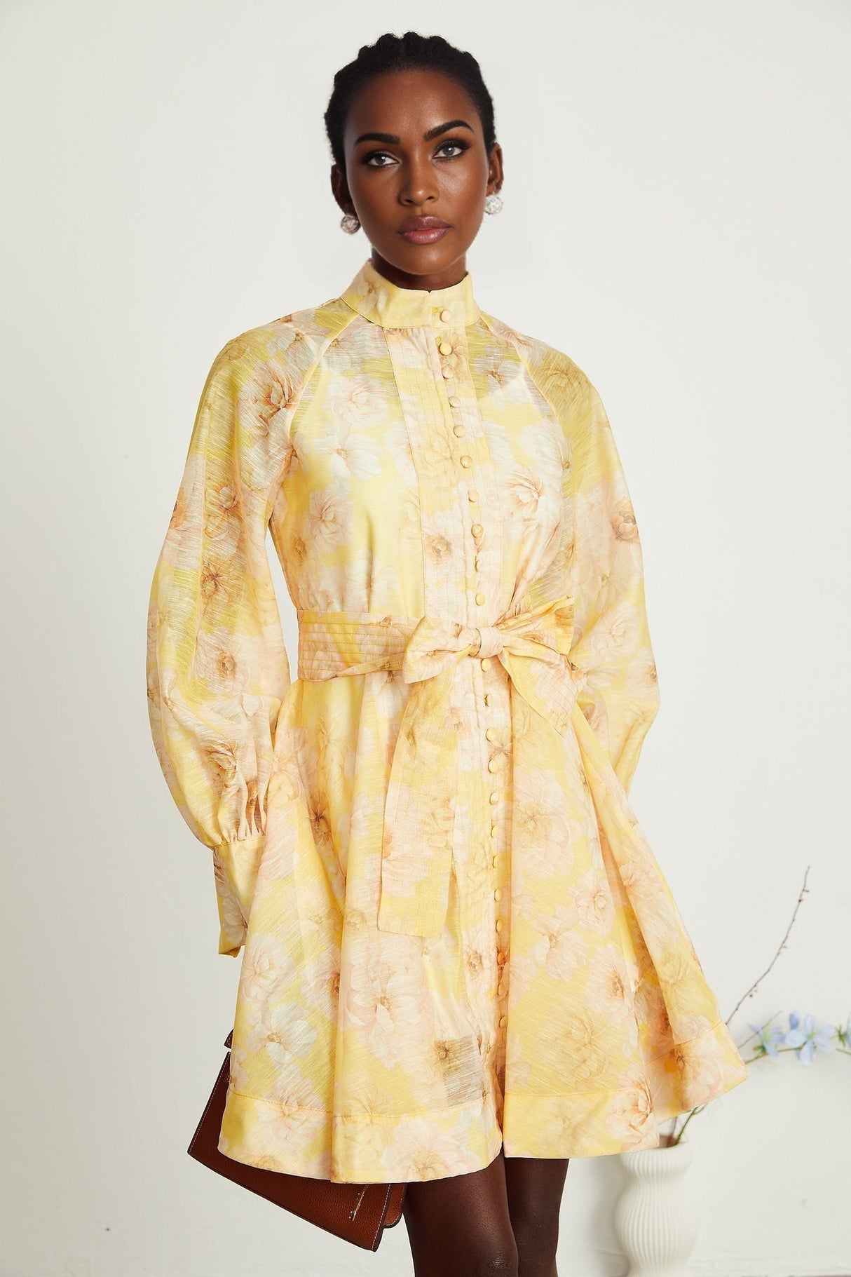 Caterinella Floral Mini Dress - Long Sleeve - Detachable Belt - Flared Skirt - Button Front