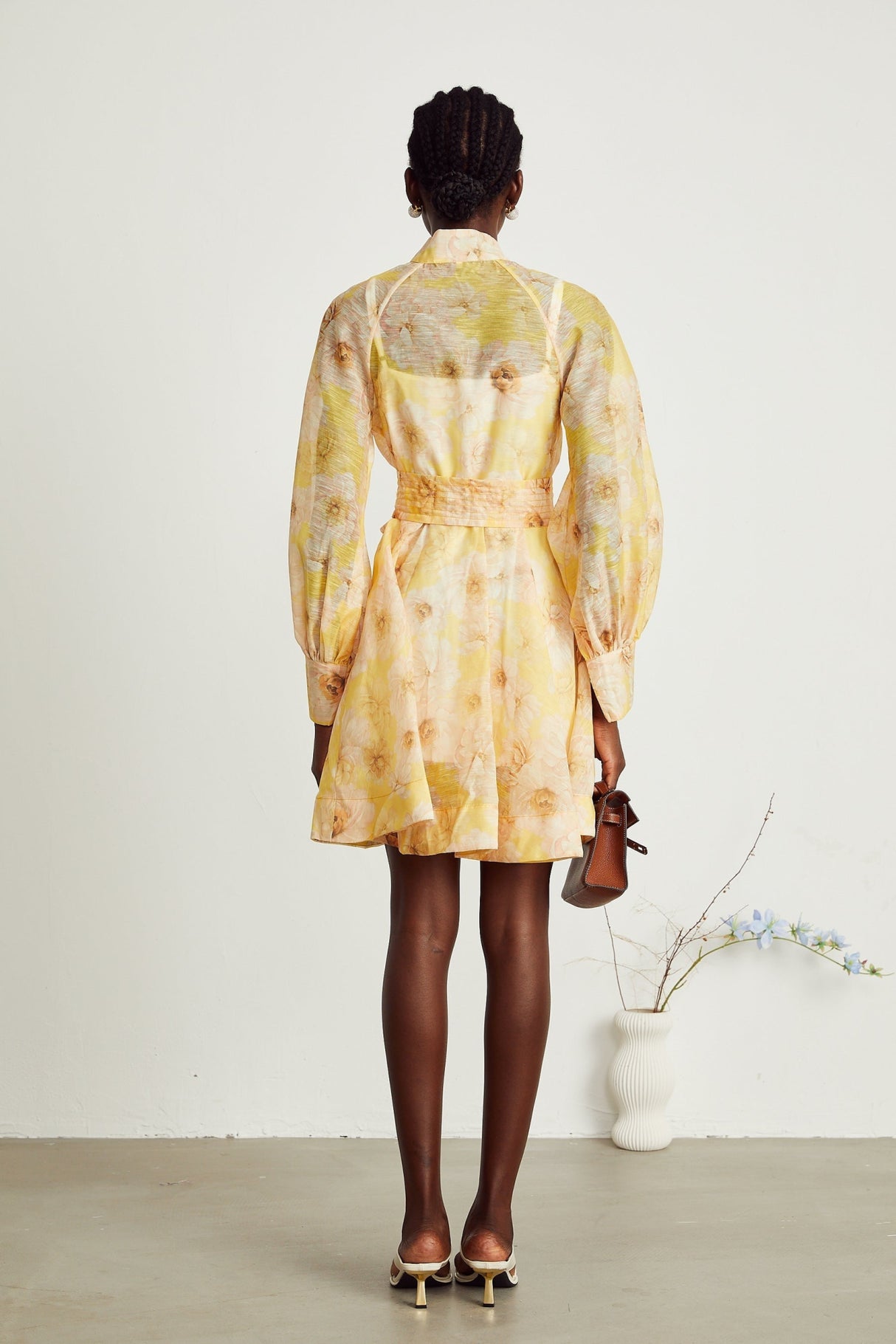 Caterinella Floral Mini Dress - Long Sleeve - Detachable Belt - Flared Skirt - Button Front