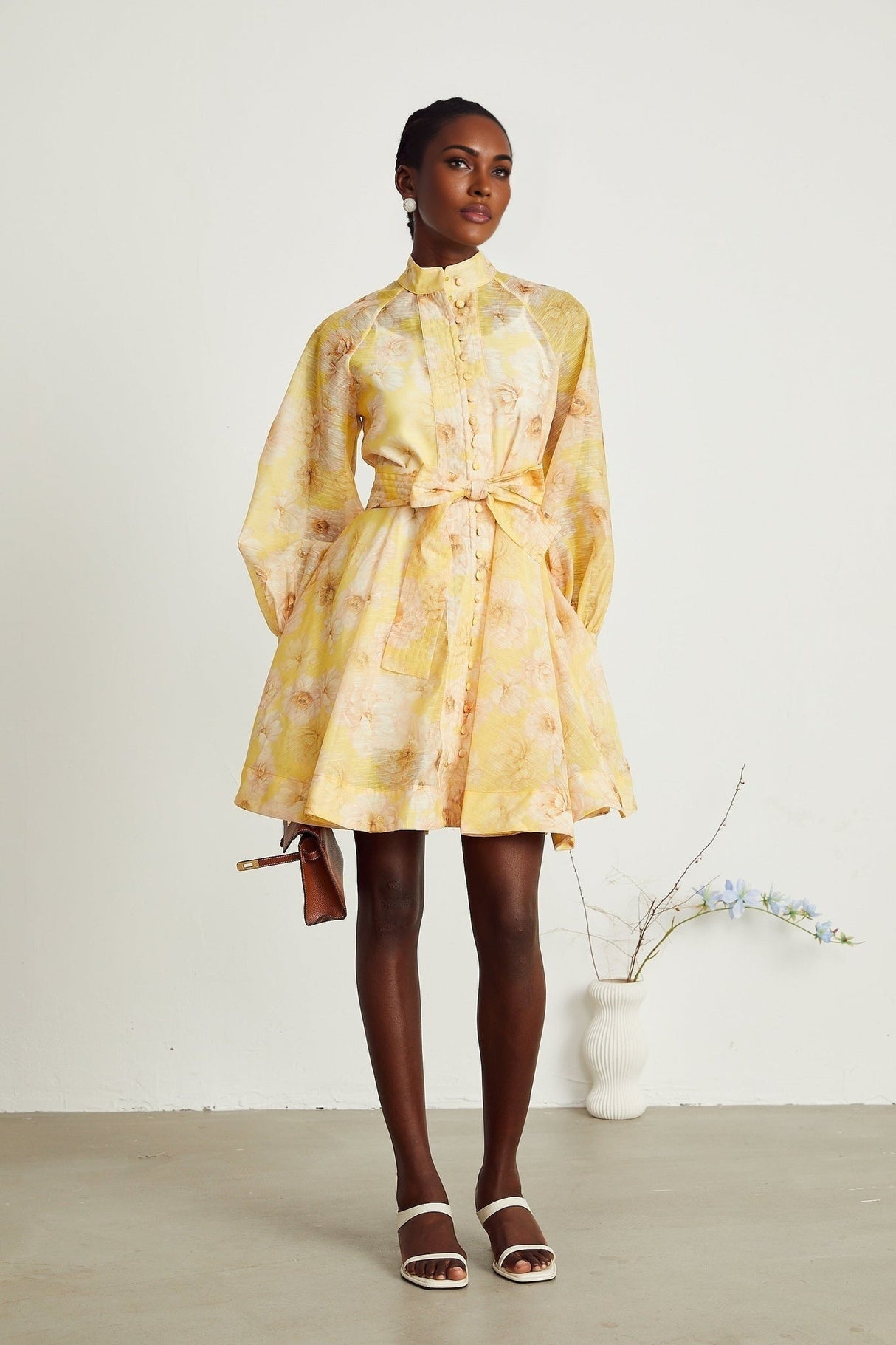 Caterinella Floral Mini Dress - Long Sleeve - Detachable Belt - Flared Skirt - Button Front