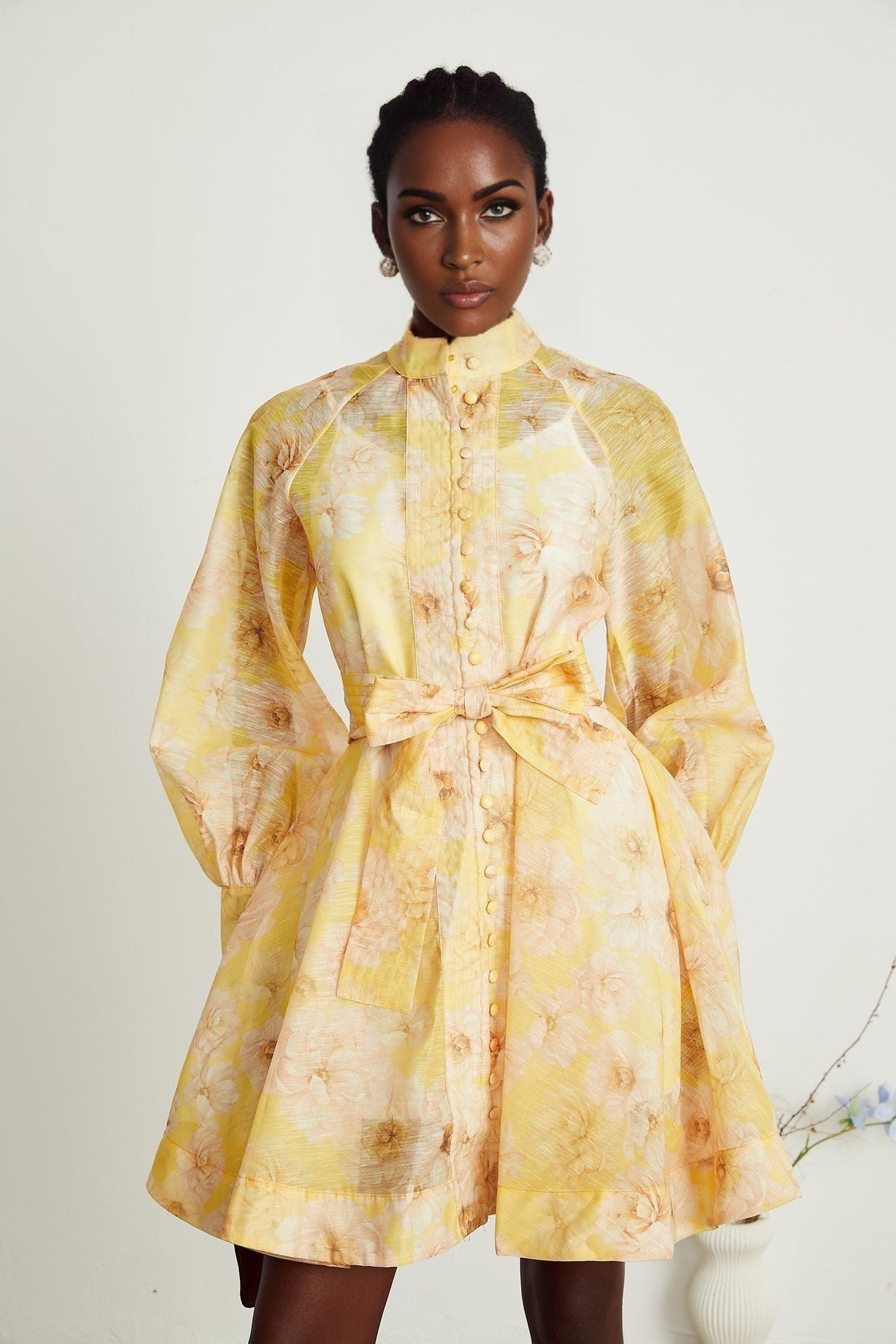 Caterinella Floral Mini Dress - Long Sleeve - Detachable Belt - Flared Skirt - Button Front