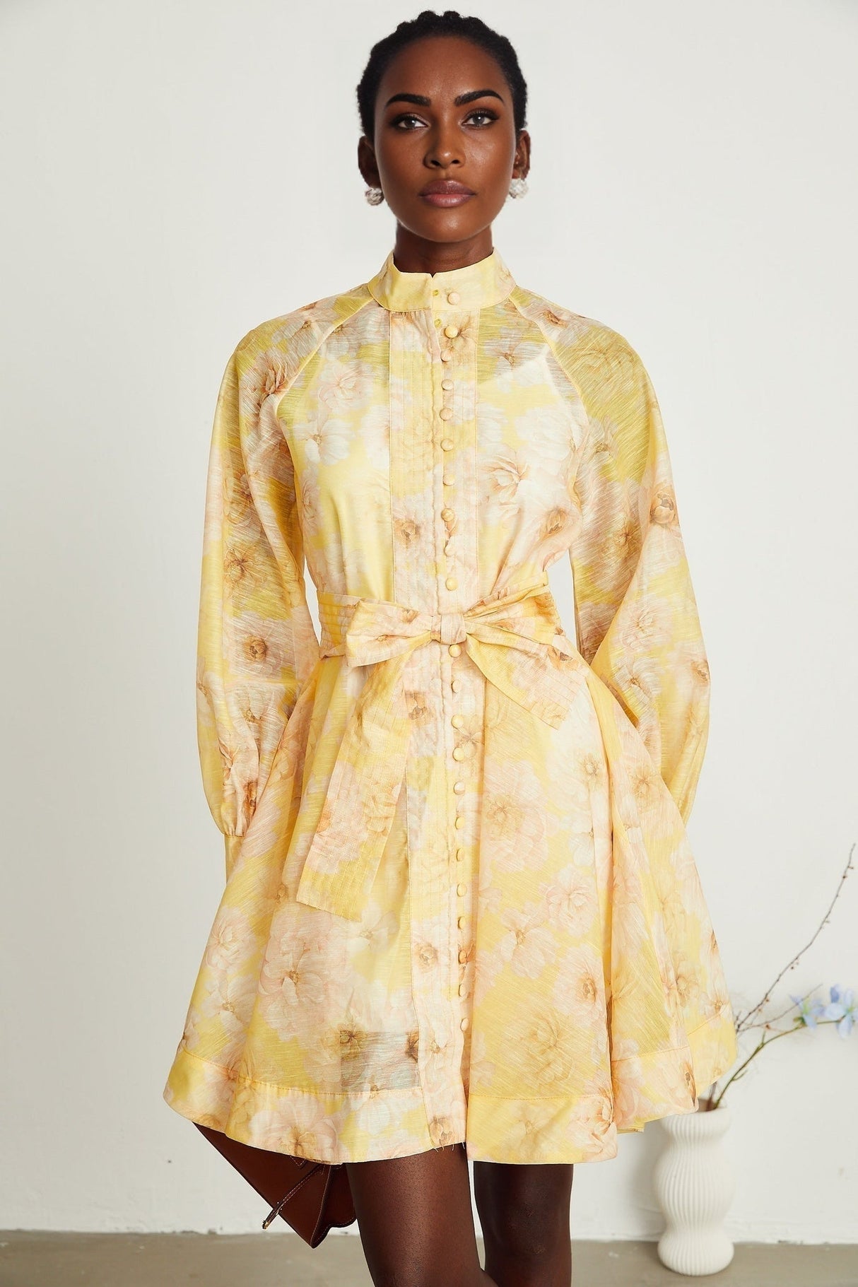 Caterinella Floral Mini Dress - Long Sleeve - Detachable Belt - Flared Skirt - Button Front