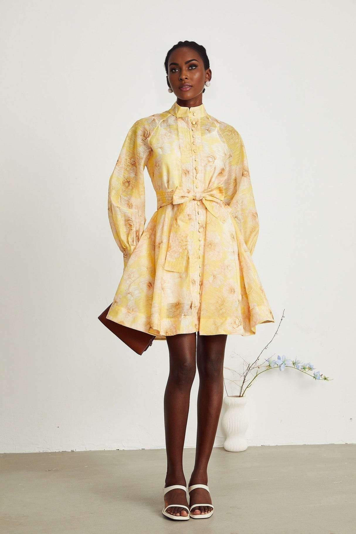 Caterinella Floral Mini Dress - Long Sleeve - Detachable Belt - Flared Skirt - Button Front