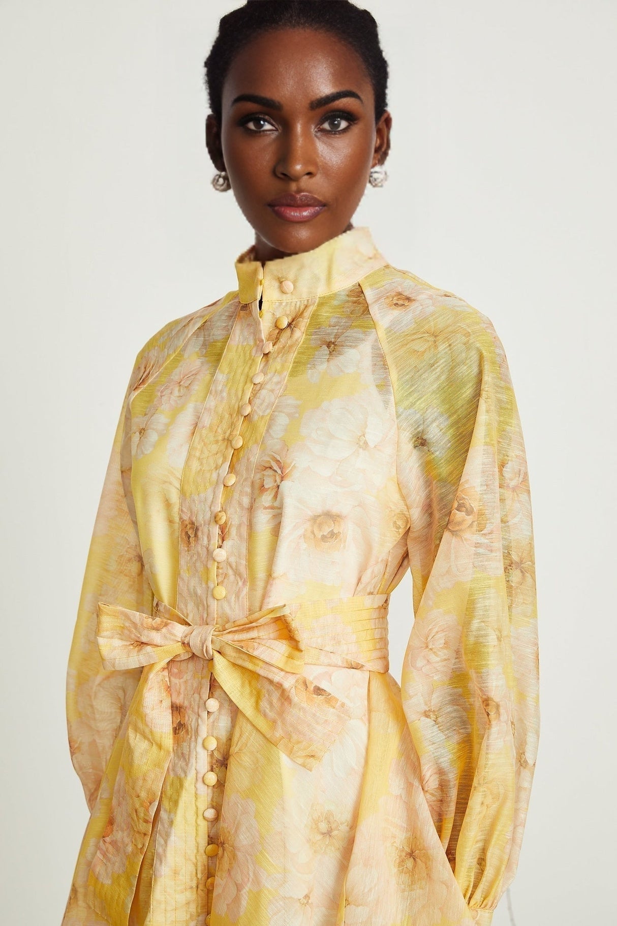 Caterinella Floral Mini Dress - Long Sleeve - Detachable Belt - Flared Skirt - Button Front