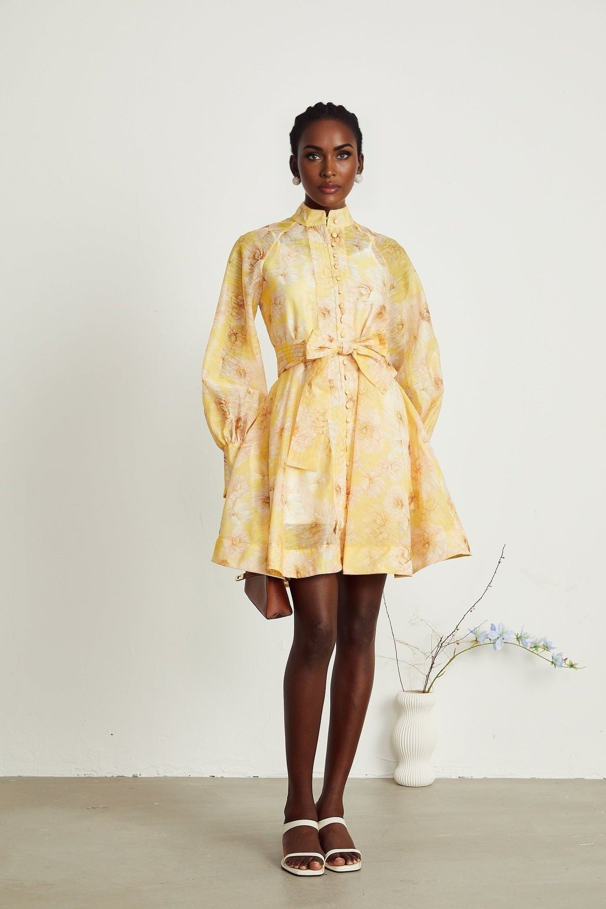 Caterinella Floral Mini Dress - Long Sleeve - Detachable Belt - Flared Skirt - Button Front