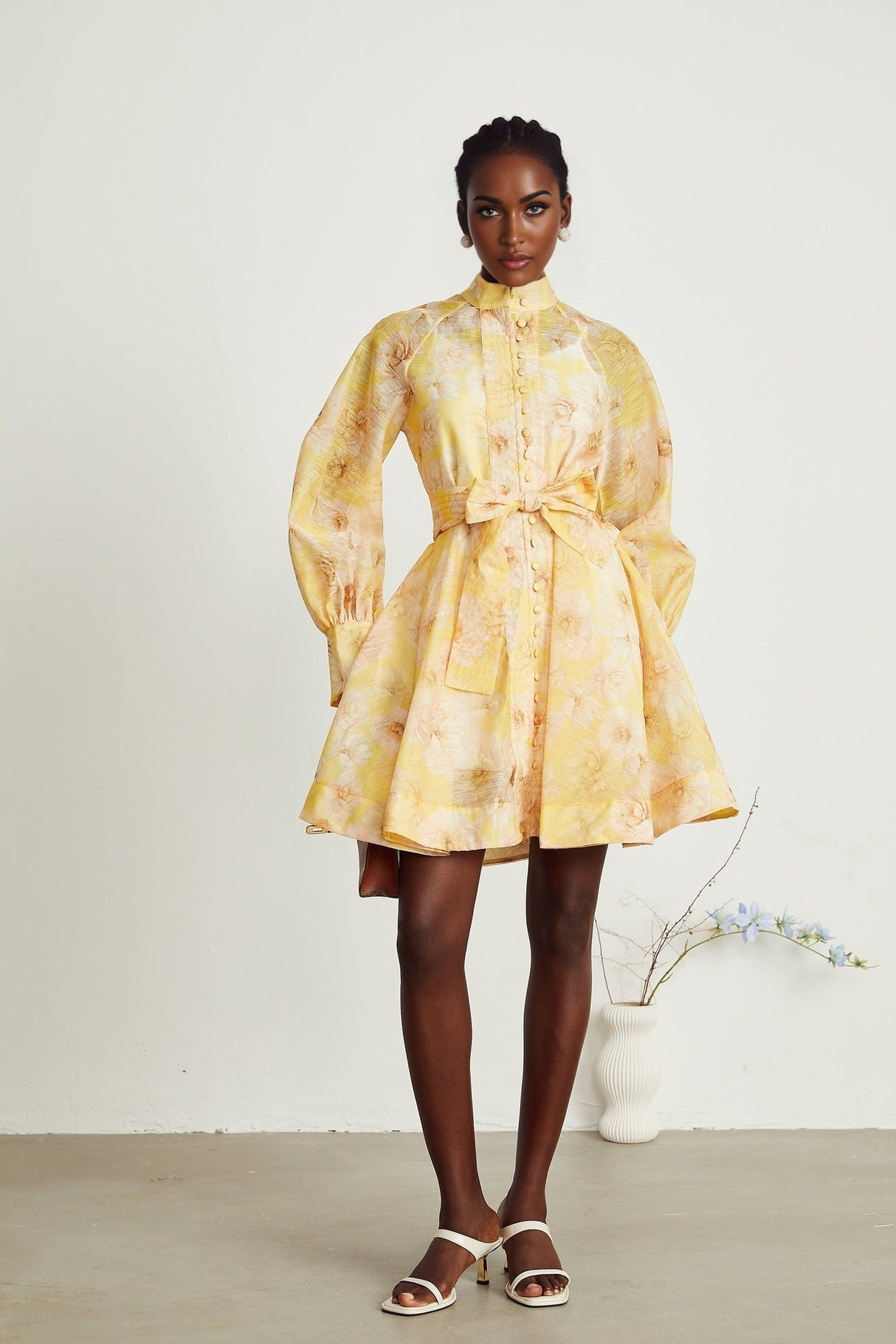 Caterinella Floral Mini Dress - Long Sleeve - Detachable Belt - Flared Skirt - Button Front