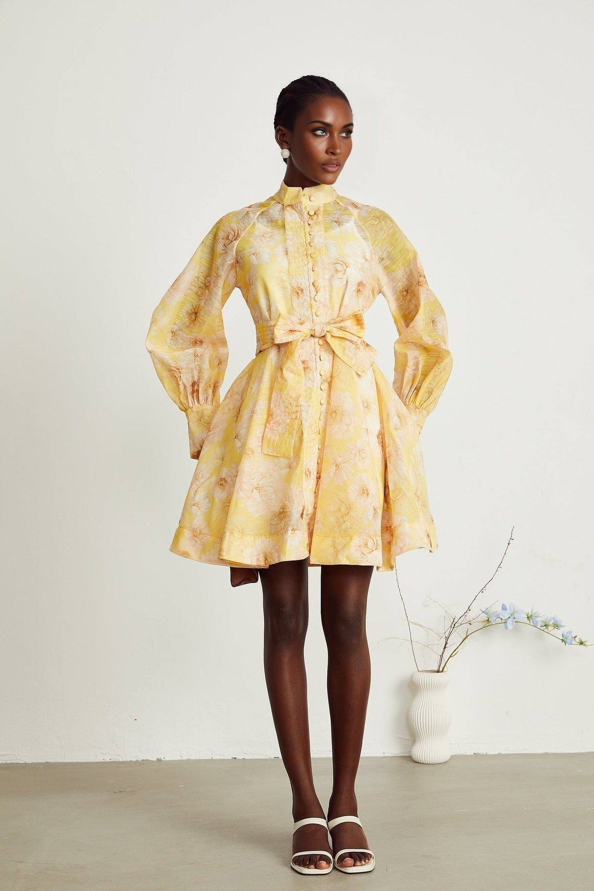 Caterinella Floral Mini Dress - Long Sleeve - Detachable Belt - Flared Skirt - Button Front