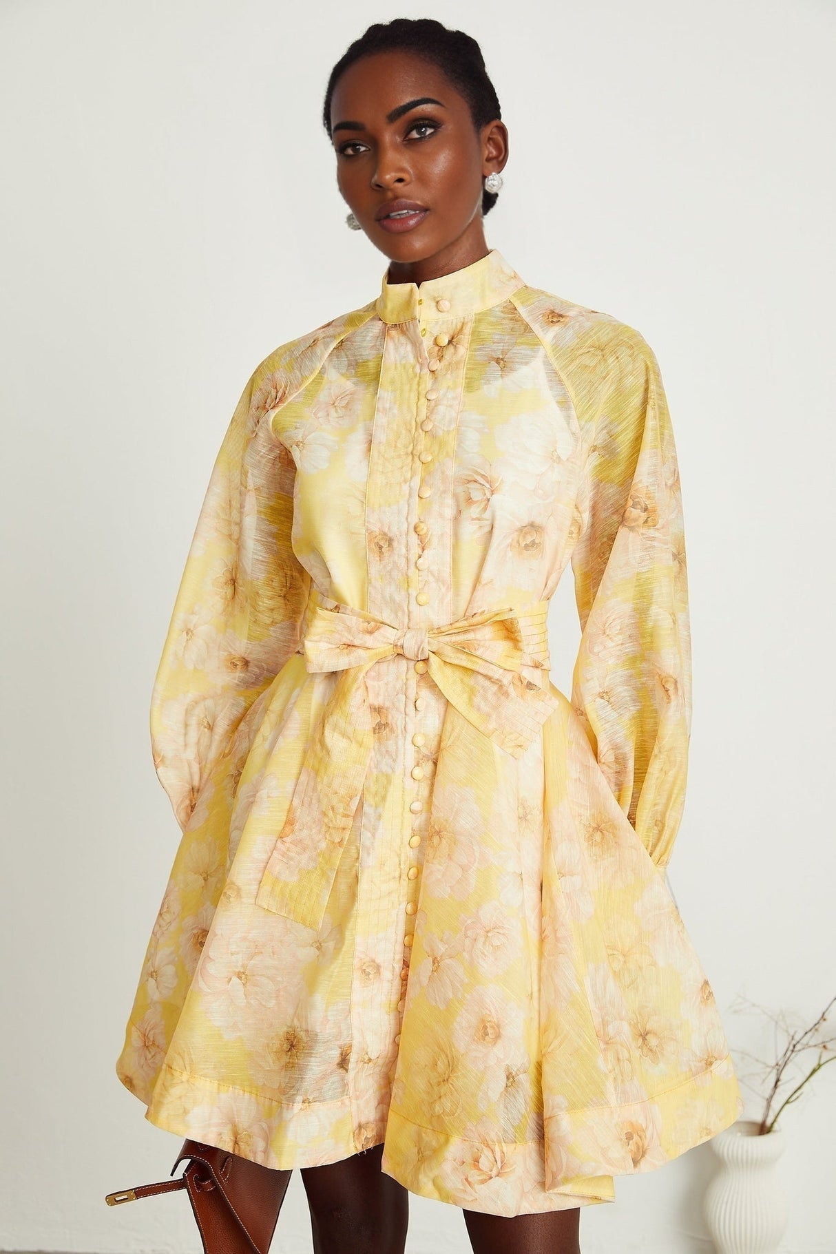 Caterinella Floral Mini Dress - Long Sleeve - Detachable Belt - Flared Skirt - Button Front