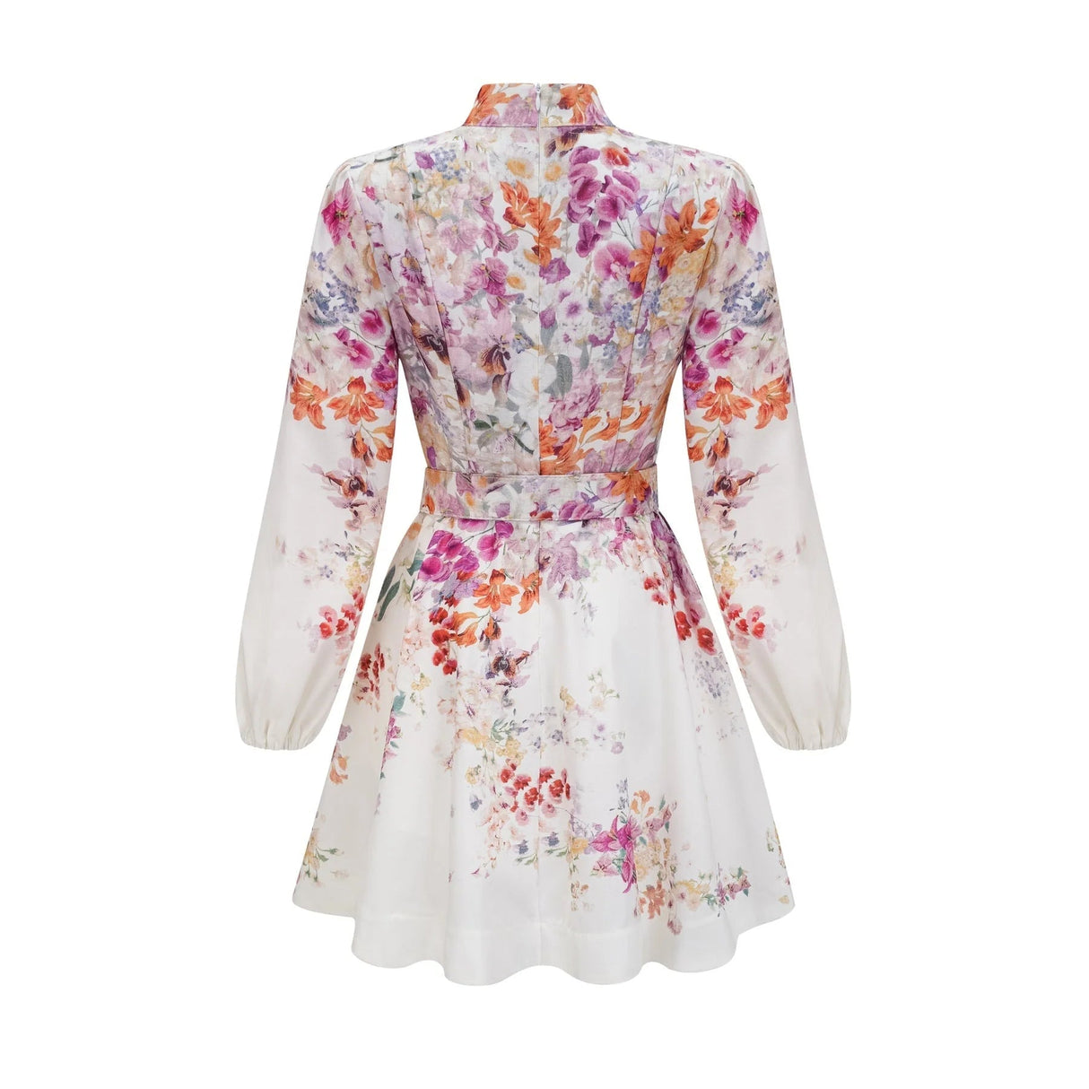 Caterinella Mini Dress White Floral Print Elastic Cuffs & Flared Skirt