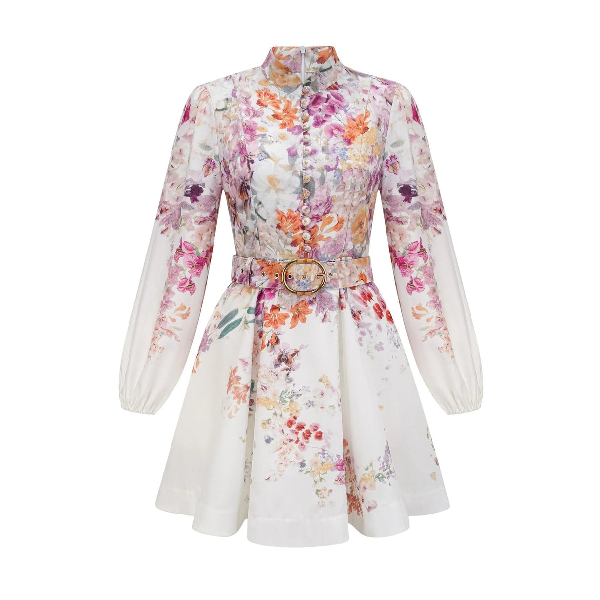 Caterinella Mini Dress White Floral Print Elastic Cuffs & Flared Skirt
