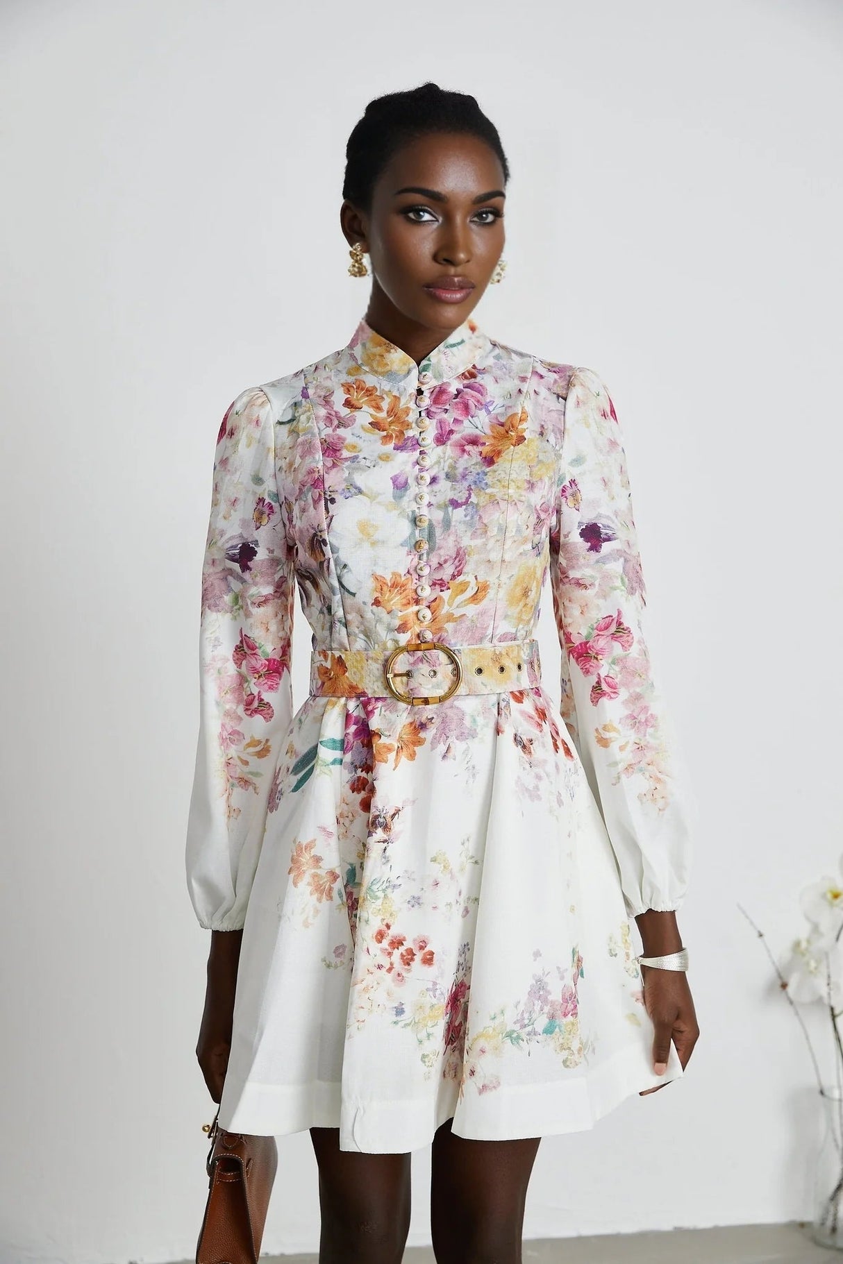 Caterinella Mini Dress White Floral Print Elastic Cuffs & Flared Skirt