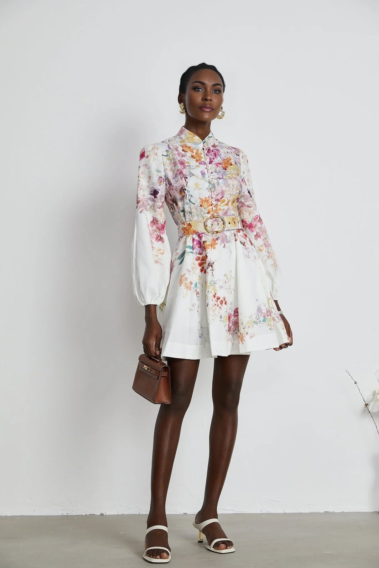 Caterinella Mini Dress White Floral Print Elastic Cuffs & Flared Skirt
