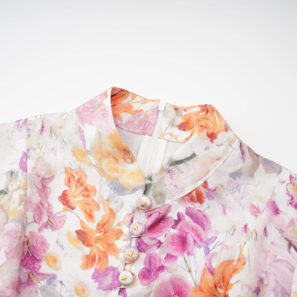 Caterinella Mini Dress White Floral Print Elastic Cuffs & Flared Skirt