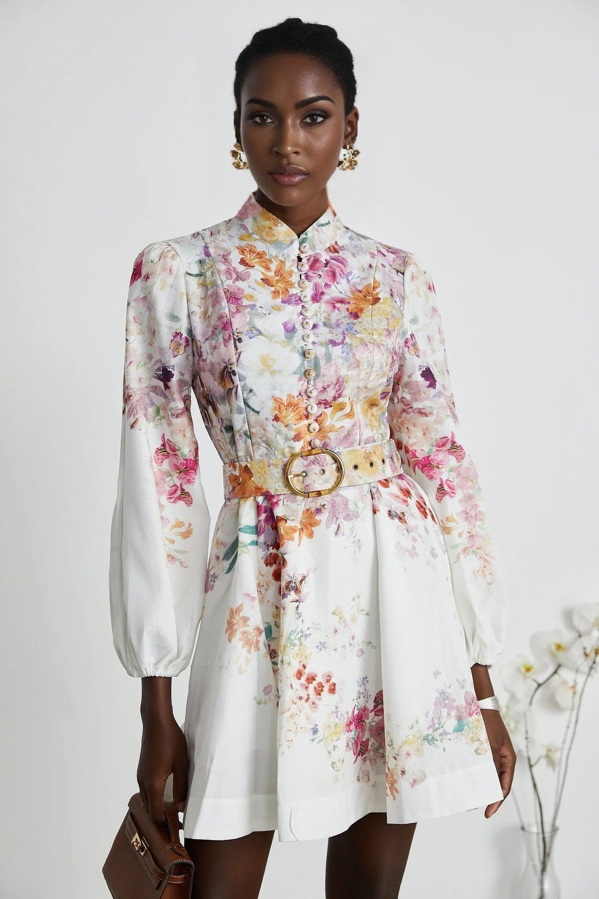 Caterinella Mini Dress White Floral Print Elastic Cuffs & Flared Skirt