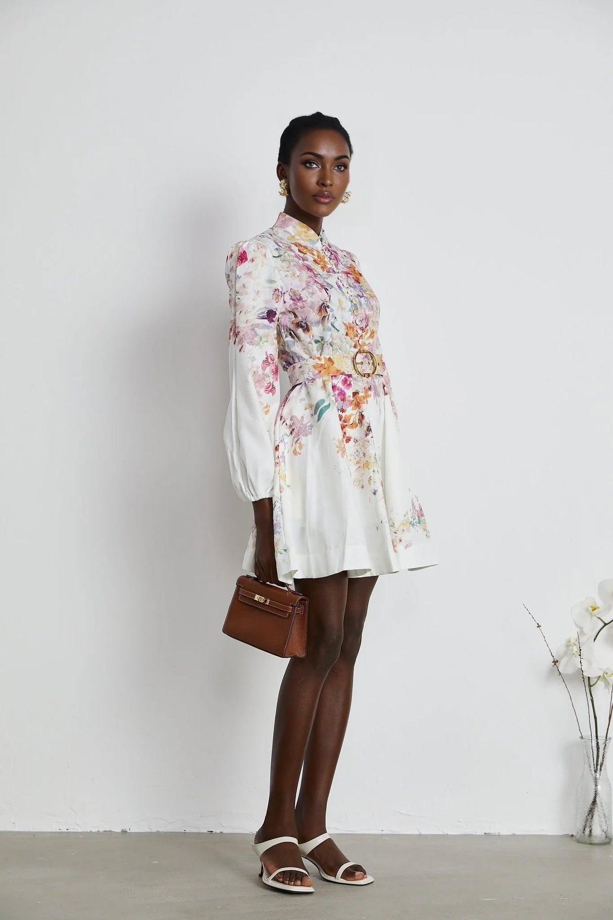 Caterinella Mini Dress White Floral Print Elastic Cuffs & Flared Skirt