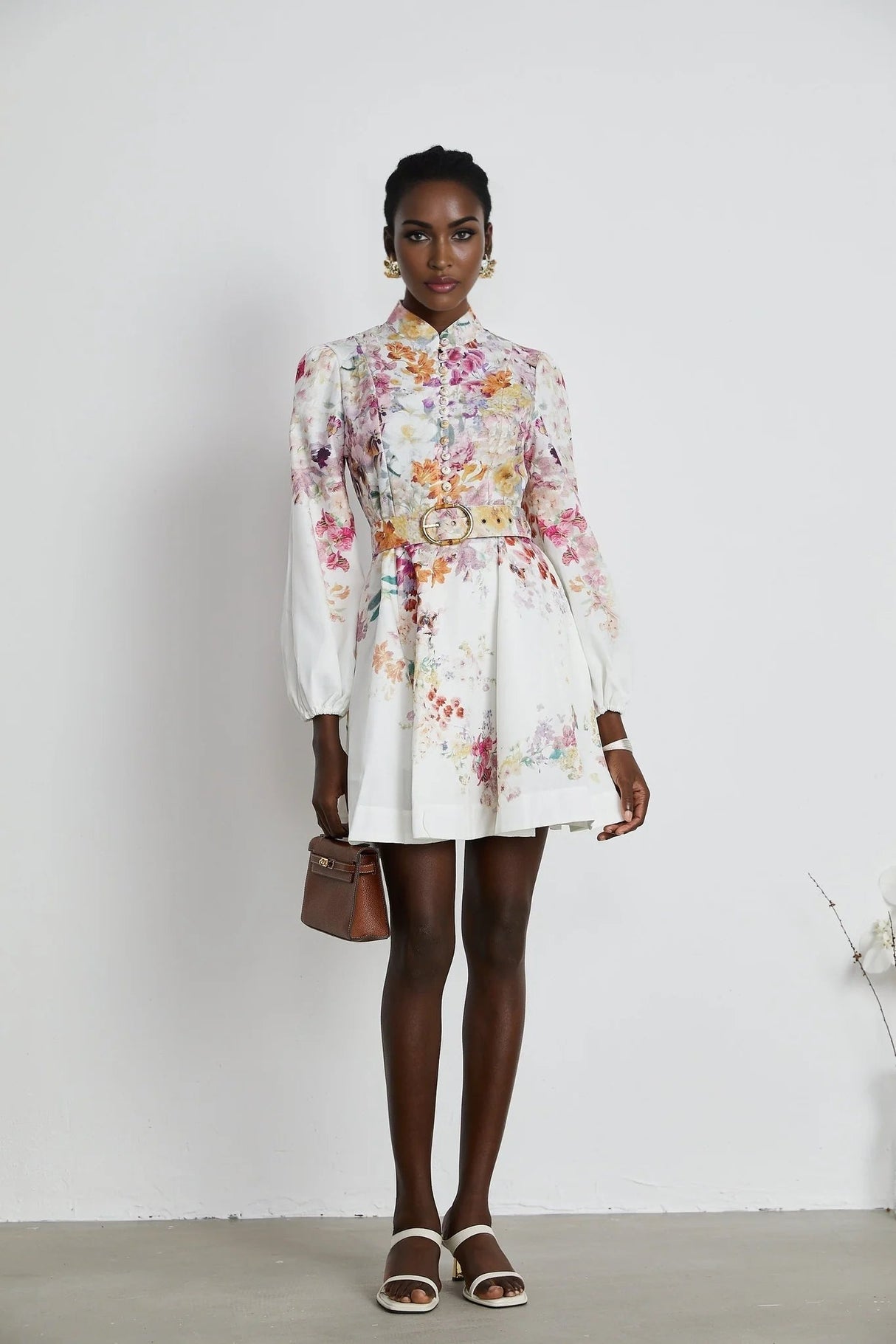 Caterinella Mini Dress White Floral Print Elastic Cuffs & Flared Skirt