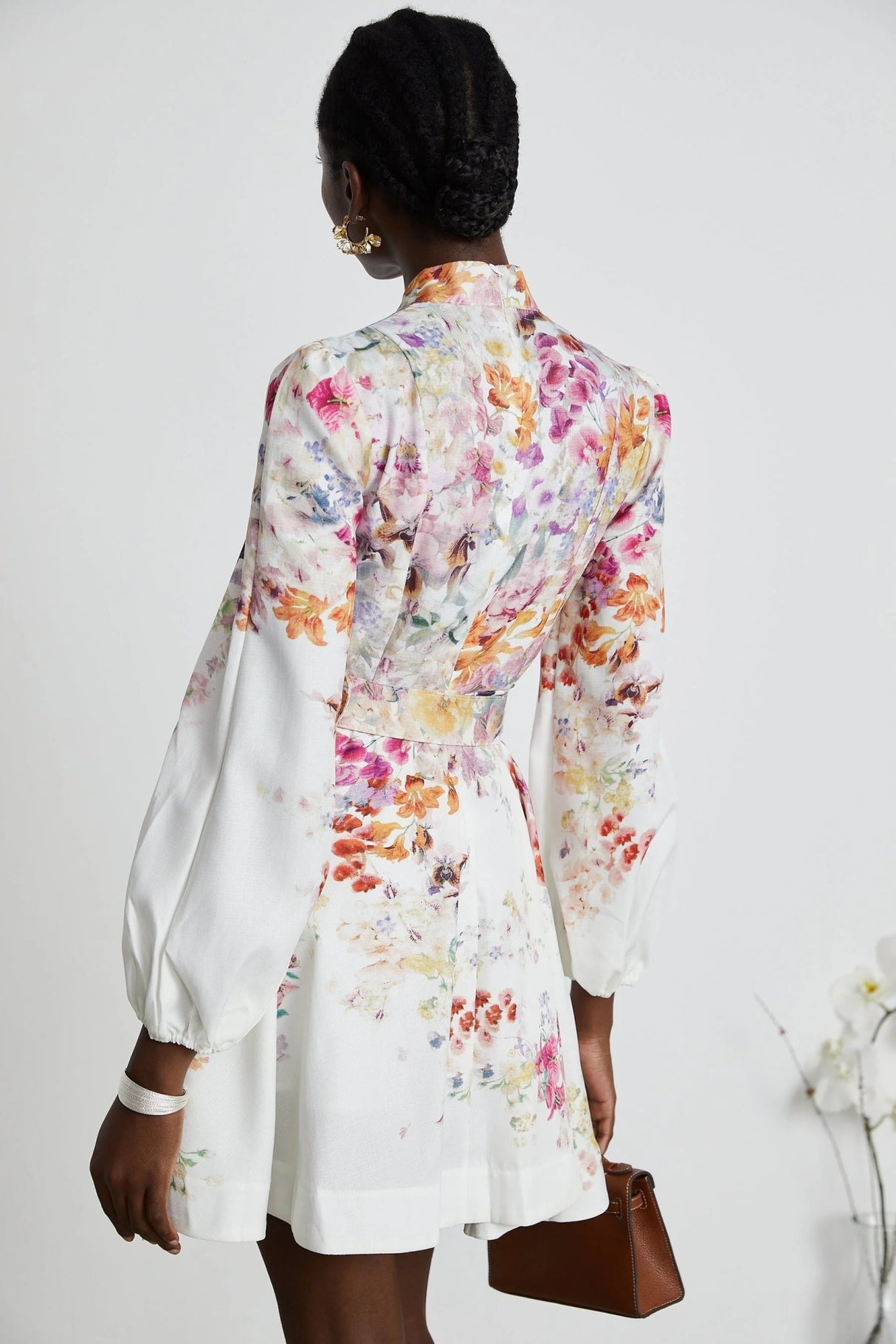 Caterinella Mini Dress White Floral Print Elastic Cuffs & Flared Skirt